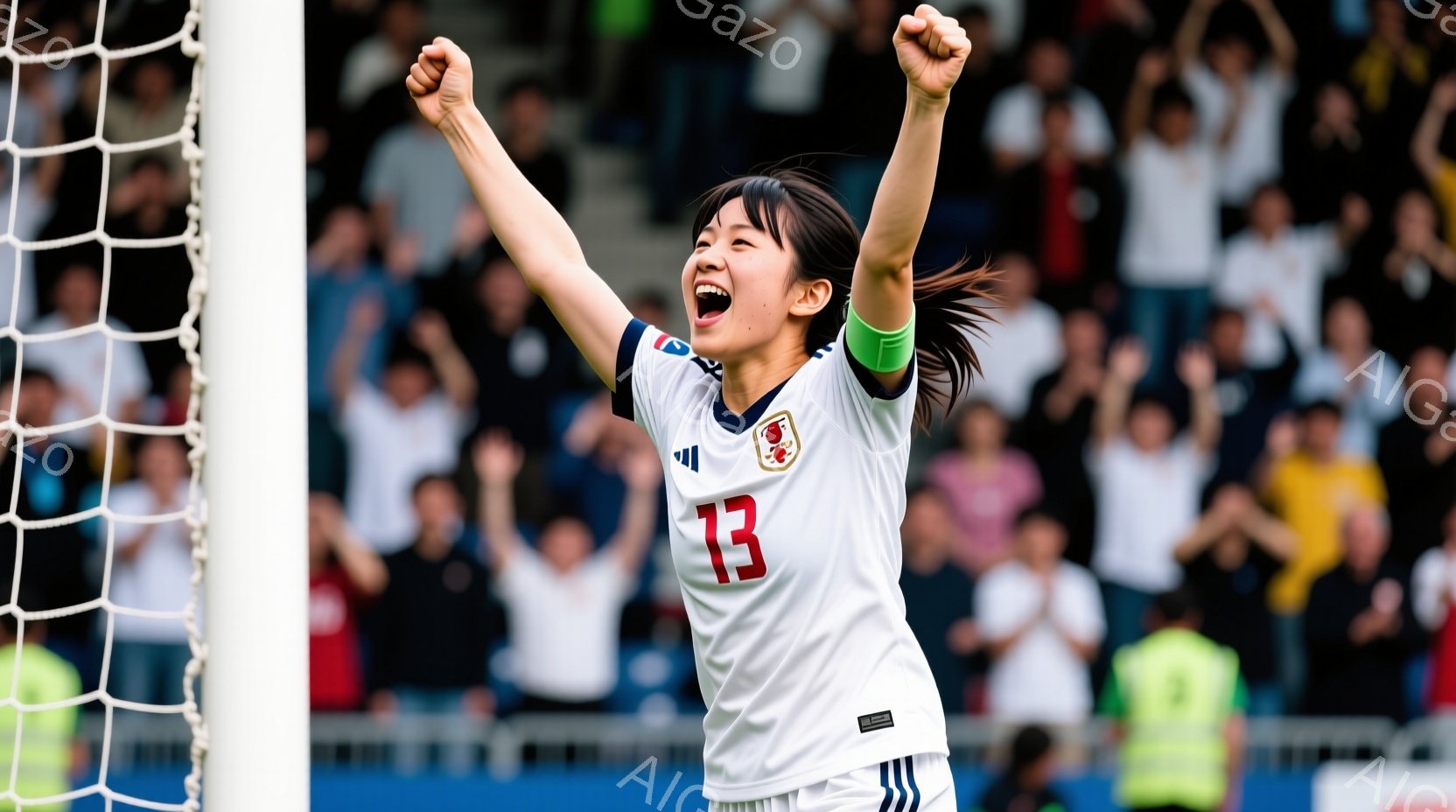 日本の女子サッカー選手がゴールを決めた瞬間を捉えています。彼女は白を基調としたユニフォームに「13」の番号が書かれ、腕にはキャプテンを示す青い腕章を付けています。歓喜の表情で両腕を高く上げ、スタジアム - AI生成フリー素材