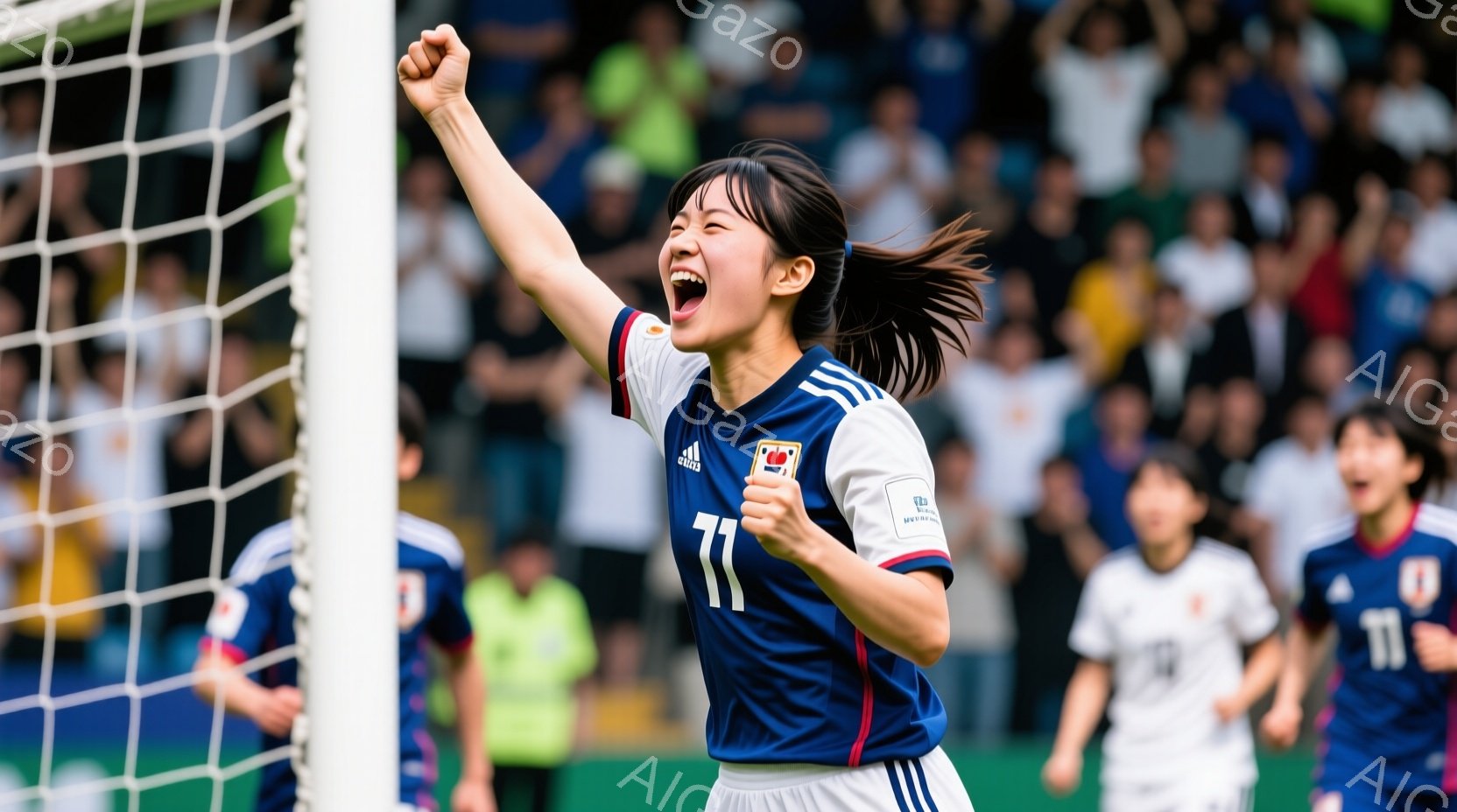サッカーの試合でゴールを決めた女性選手が描かれています。彼女は日本代表のユニフォーム（青地に白のライン、背番号11）を着用し、長い髪をポニーテールにしています。顔は歓喜に満ち溢れ、両腕を高く上げてゴー - AI生成フリー素材