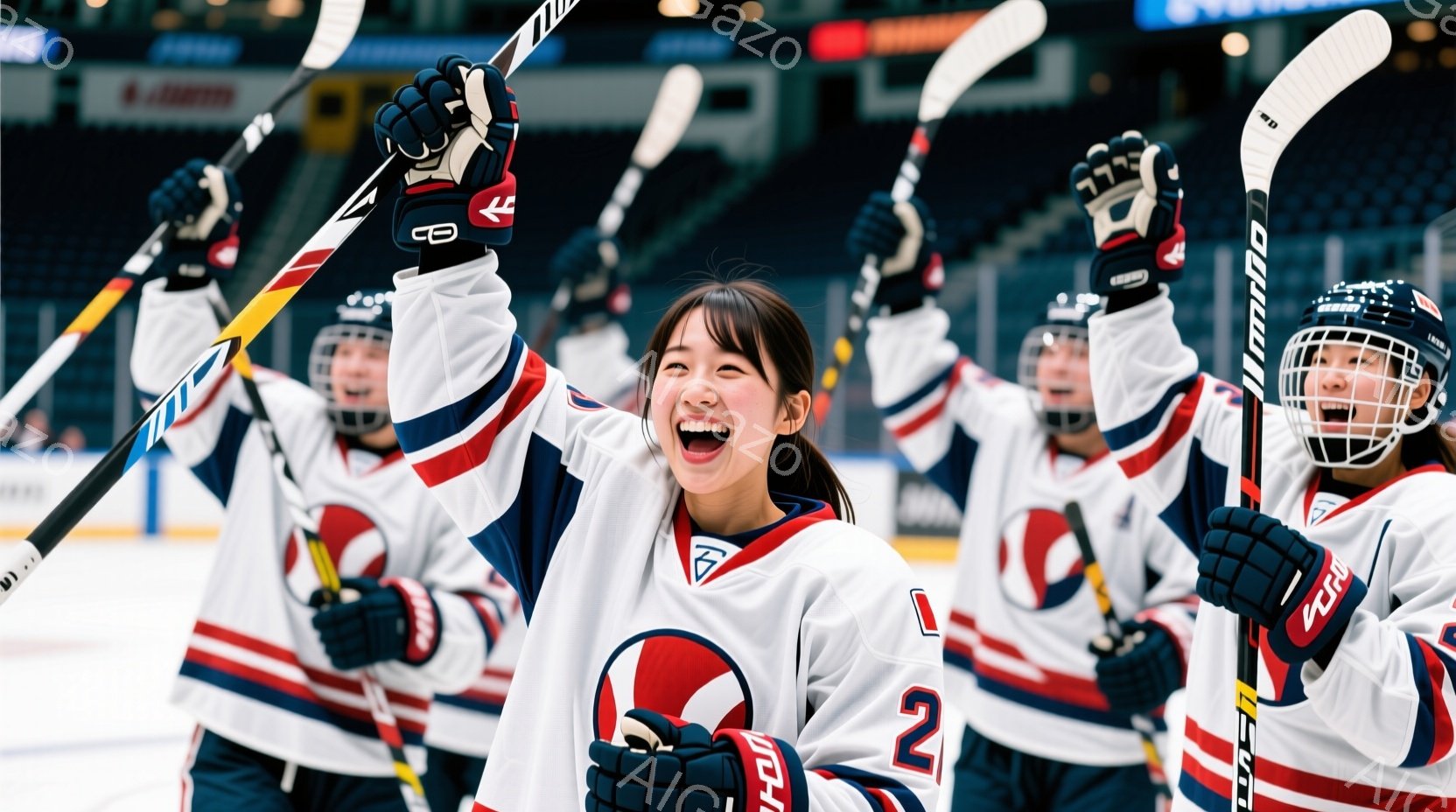 アイスホッケーの試合中に歓喜する女性を中心としたグループの様子を捉えています。彼女たちは白いユニフォームに赤いラインと番号、ヘルメットとグローブを着用し、ホッケーのスティックを高く掲げています。背景に - AI生成フリー素材