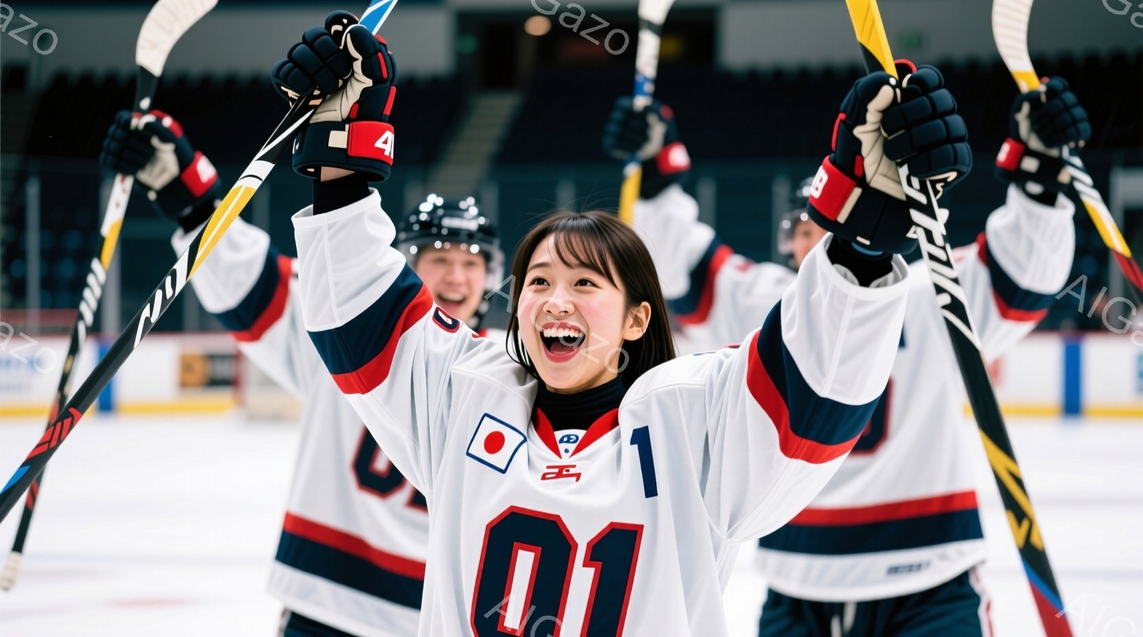 画像はアイスホッケーの試合の様子で、日本の代表ユニフォームを着た女性選手が両手を高く上げて歓喜しています。彼女は黒い髪をハーフアップにし、満面の笑みを浮かべており、背景には他の選手たちが同様に喜びの姿 - AI生成フリー素材