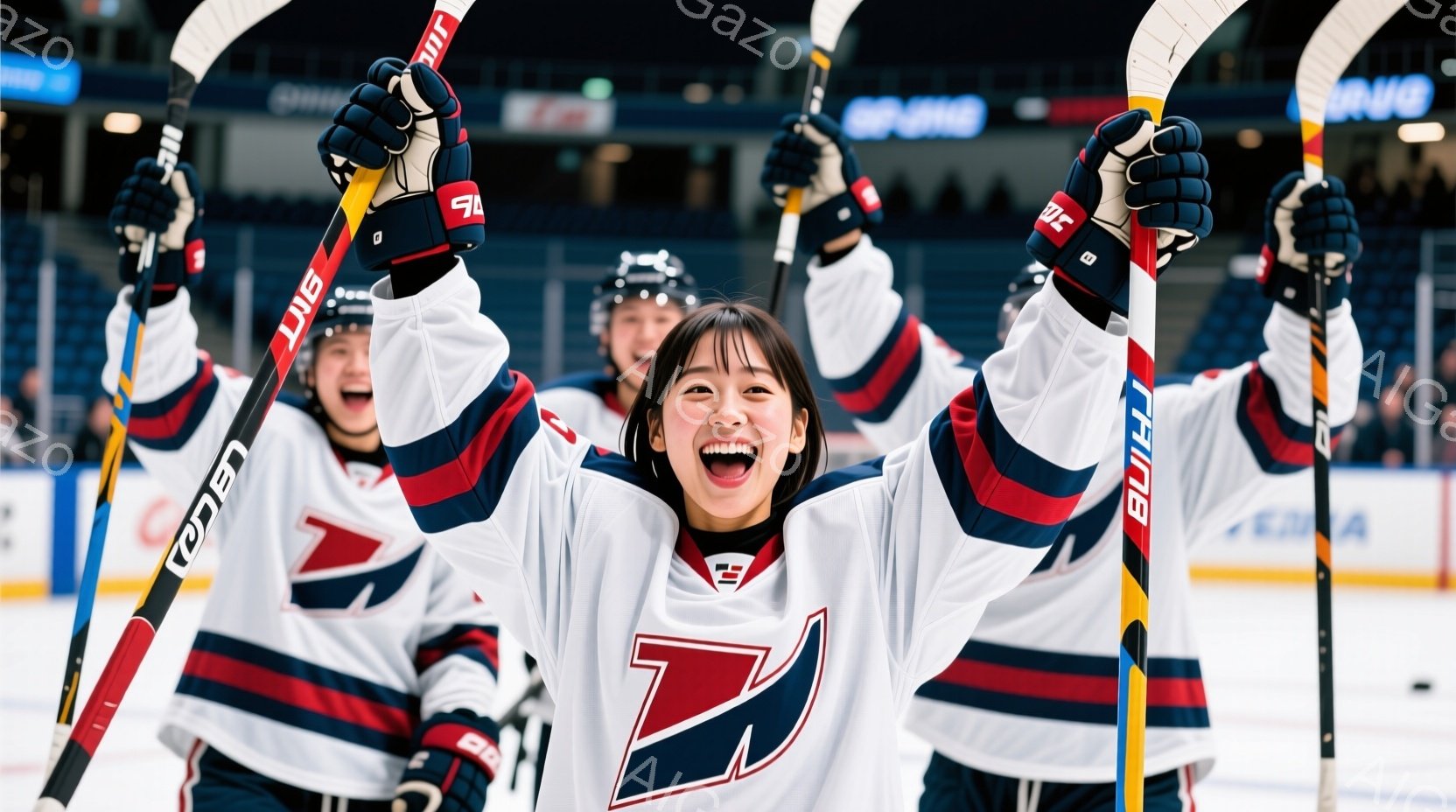 アイスホッケーのユニフォームを着た若い女性が、両手を高く上げて歓喜している様子が写っています。彼女は黒髪で、明るい笑顔を見せており、チームメイトと共にアイスホッケーリンク上に立っています。背景には観客席が見え、リンク全体が勝利の雰囲気に包まれています。