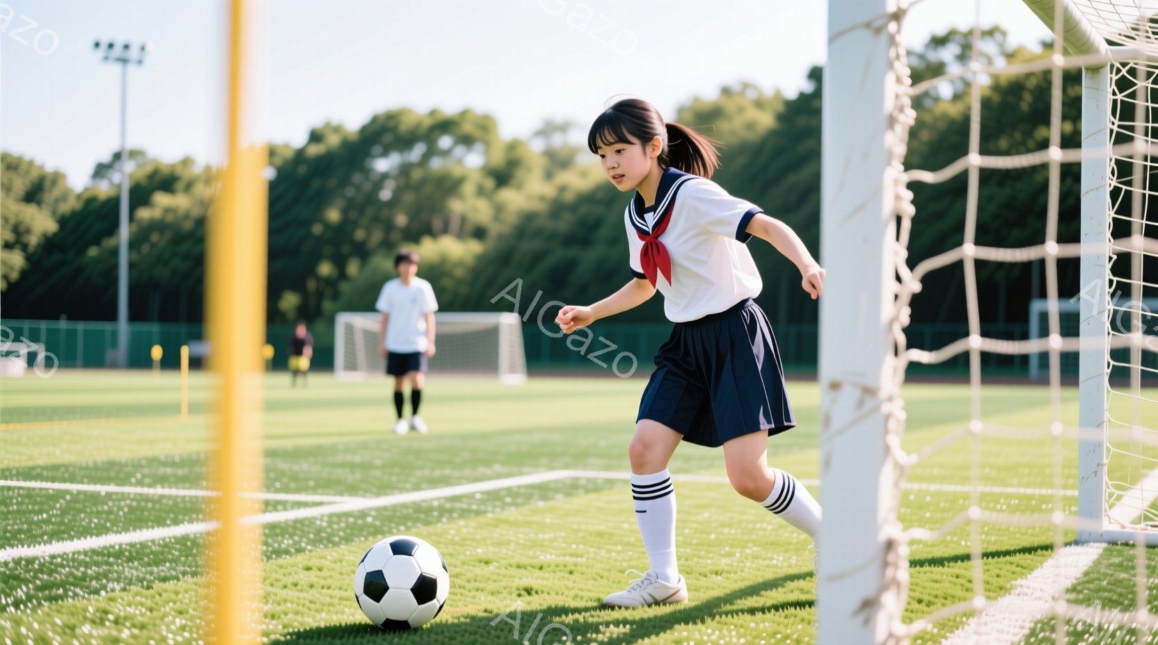 緑の芝生の上を、紺色のスカートと白いシャツの制服を着た少女がサッカーボールをドリブルしている。彼女は長い髪をポニーテールにしており、少し前かがみの姿勢でボールを見つめている。背景にはサッカーゴールと他 - AI生成フリー素材