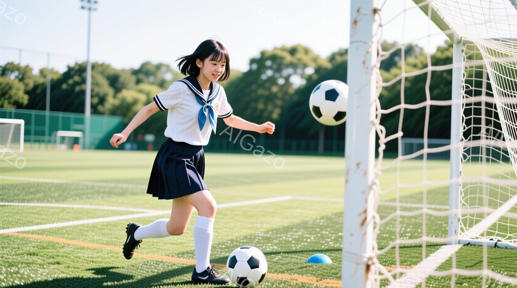 少女はサッカーコートでボールを追いかけている。紺色のスカートと白いブラウスの制服を着ており、長い髪を後ろで結んでいる。背景には緑の芝生とサッカーゴール、そして遠くに見える建物があり、晴天の下で活気のある雰囲気である。