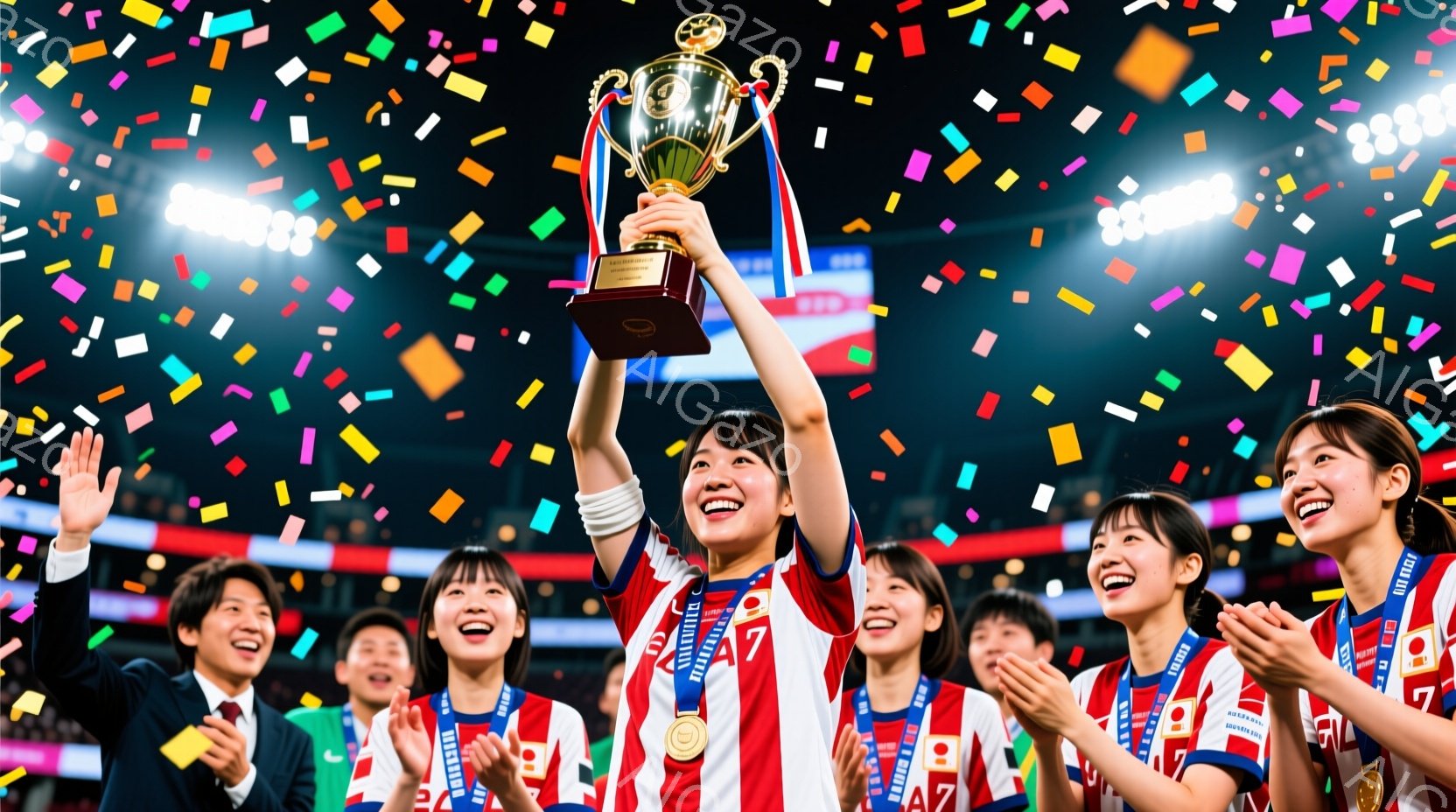 チームのメンバーが勝利を祝っており、中心にはトロフィーを高く掲げる女性がいる。彼女は赤と白のユニフォームを着ており、金色のメダルを首にかけている。背景には観客席と照明があり、紙吹雪が舞い、興奮と喜びに - AI生成フリー素材