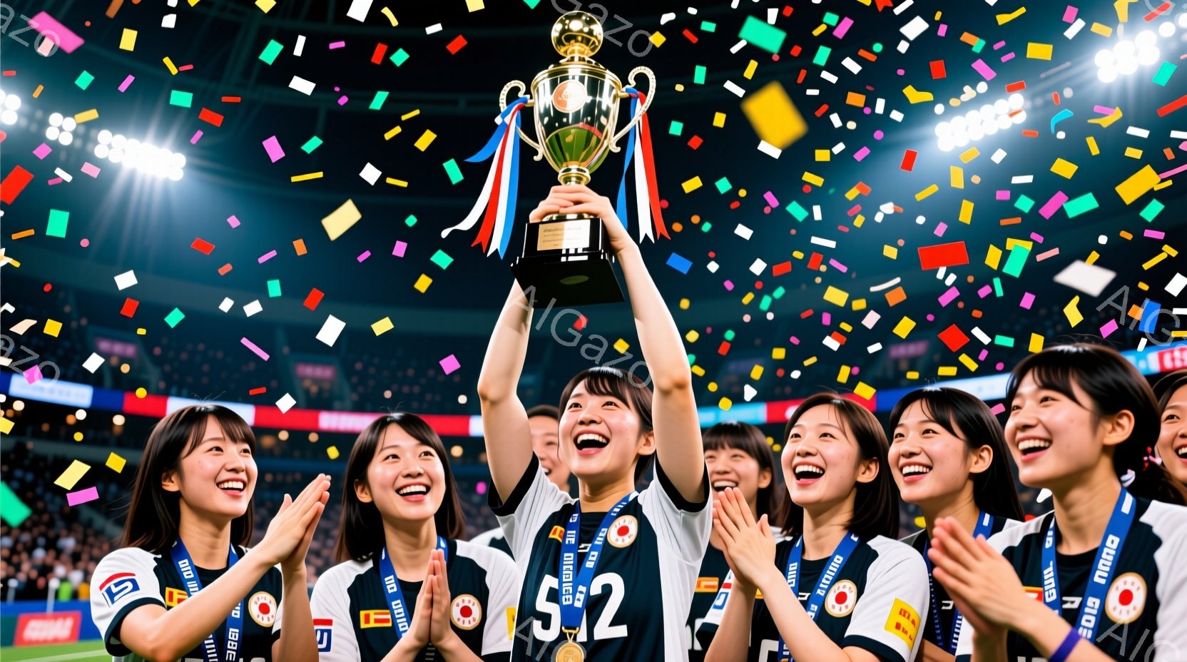 韓国代表の女子サッカー選手たちが、勝利を祝ってトロフィーを高々と掲げている様子が写っています。選手たちは白いユニフォームに番号が入り、髪をポニーテールにしており、満面の笑みを浮かべています。背景には観客席がぼやけて写り、紙吹雪が舞い散る中、勝利の喜びと興奮に満ちた雰囲気が伝わってきます。
