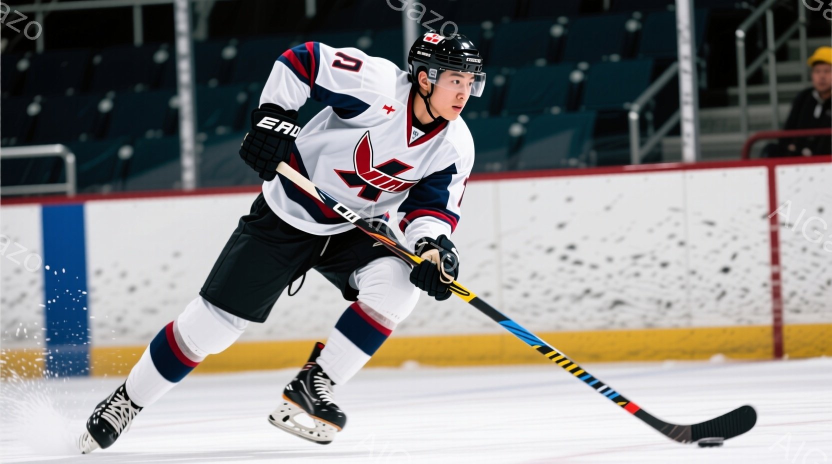 アイスホッケー選手がリンク上でプレーしている様子が写っている。彼は黒いヘルメット、赤と白のストライプが入ったジャージ、黒いズボン、スケート靴を着用し、スティックを握って前進している。背景には観客席が見 - AI生成フリー素材