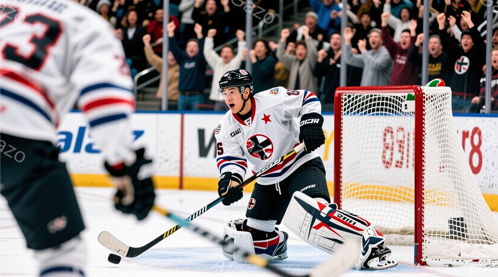 アイスホッケーのゴールキーパーが、白と赤のユニフォームとヘルメットを身に着けて、激しい表情でプッシュしています。彼は右手にスティックを持ち、左手は膝当てに添えて、ゴールを守る姿勢をとっています。背景に - AI生成フリー素材