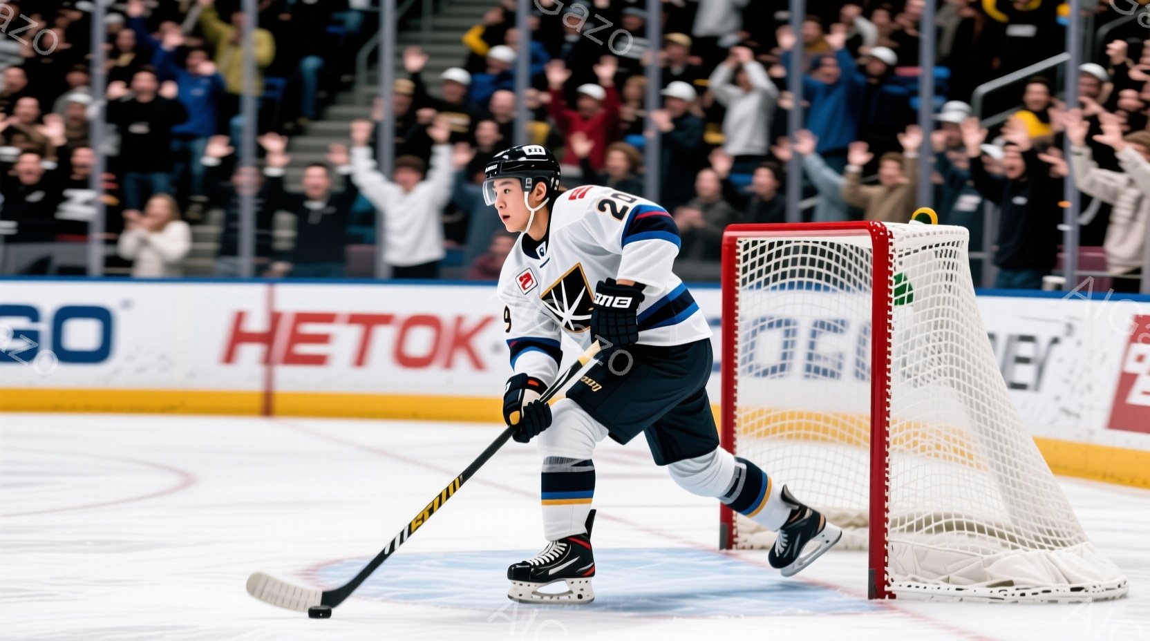 アイスホッケーの選手がリンク上でプレーしている様子が写っている。選手は黒いヘルメットを被り、白と紺色のユニフォーム、黒いズボン、白いホッケースケートを着用し、ホッケースティックを握っている。背景には観 - AI生成フリー素材