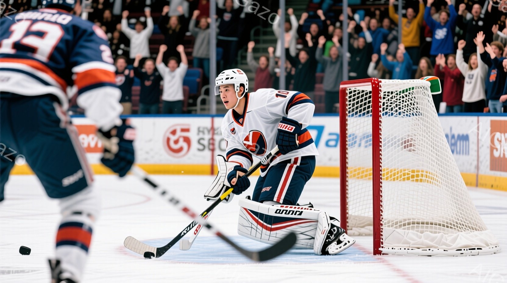 アイスホッケーの試合中の様子で、ゴールキーパーが低い姿勢でゴールを守っています。彼は白、赤、青のストライプが入ったユニフォームとヘルメットを着用し、集中した表情でパックを見つめています。背景には観客席が広がり、興奮した観客たちが写っており、試合の熱気を感じさせます。