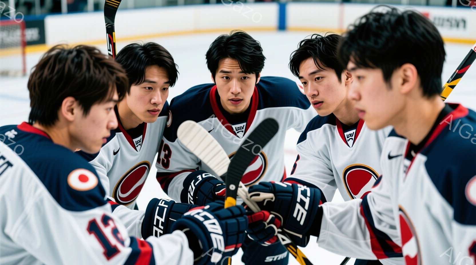氷上ホッケーの選手たちが円陣を組み、戦略を話し合っている様子が写っている。選手たちは白いジャージに青と赤のラインが入ったユニフォームを着用し、黒いヘルメットと手袋を付けている。背景はアイスリンクであり、円陣を組む選手たちの表情は真剣で、チームの一体感と勝利への決意が感じられる。