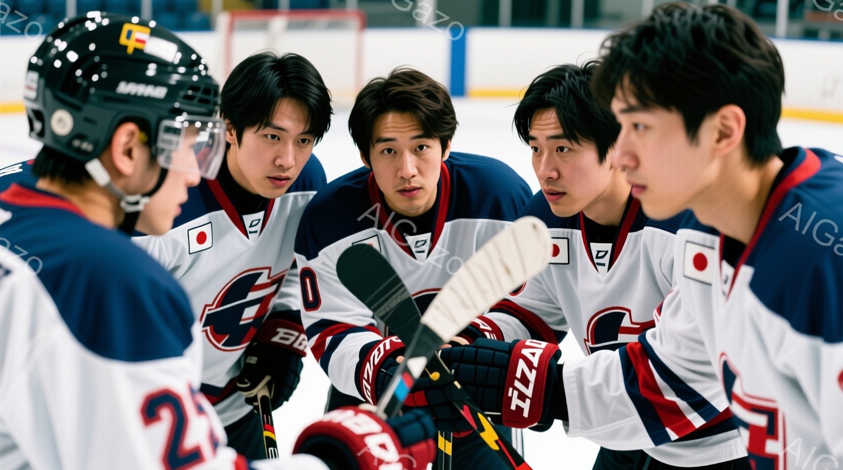 リンクの氷上に、アイスホッケー選手４人が集まって何かを話し合っている様子が写っている。選手たちは濃い青と赤のユニフォームを着用し、ヘルメットやプロテクターを付けている。彼らは真剣な表情で身を寄せ合い、 - AI生成フリー素材
