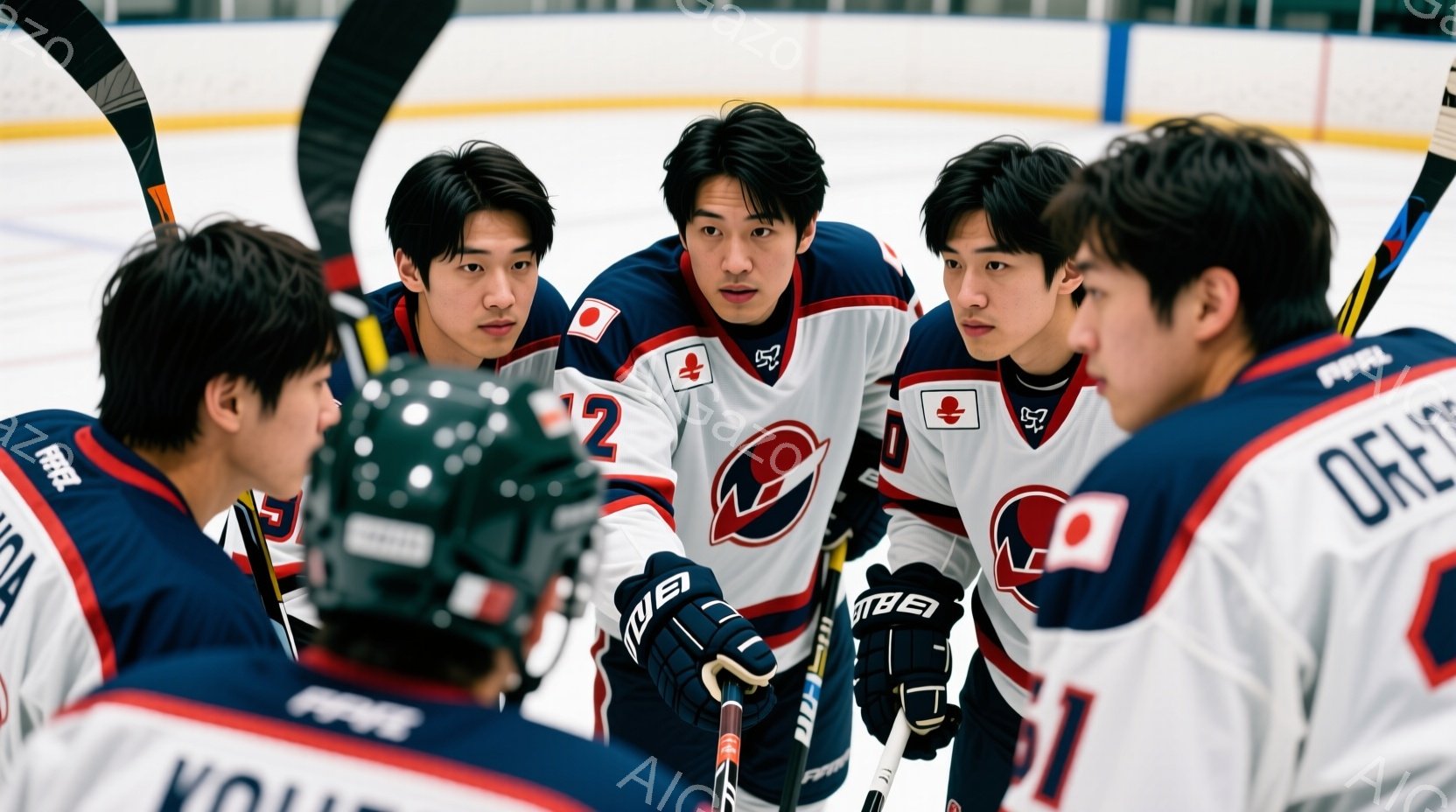 アイスホッケー選手たちが円陣を組み、戦略を話し合っている様子が写っています。彼らは白を基調とした青と赤のラインが入ったユニフォームを着用し、黒いヘルメットとグローブを身につけています。背景はアイスホッケーリンクで、集中した表情で次のプレイに向けて意識を集中させている様子が伝わってきます。