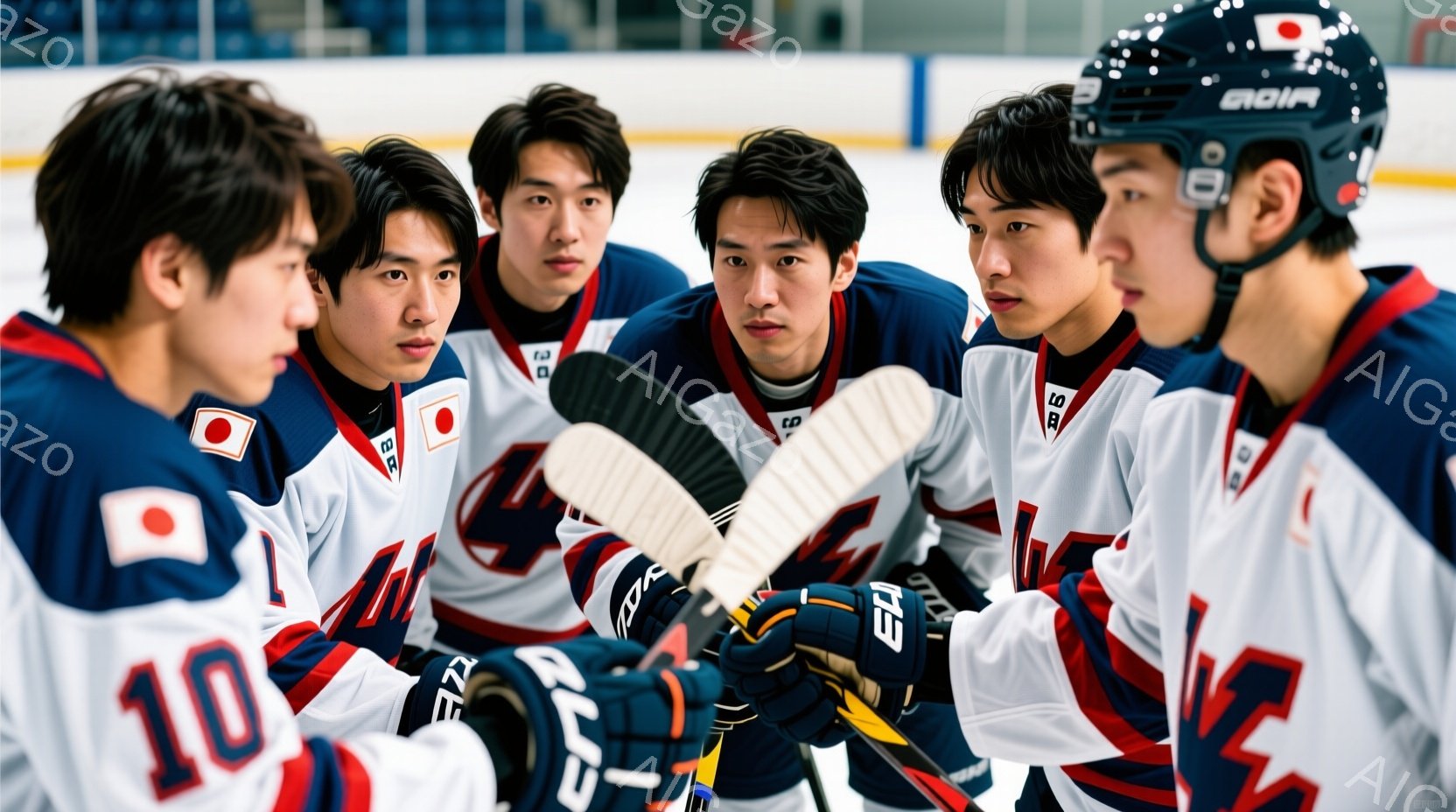 アイスホッケーのチームメンバーと思われる若い男性たちが円になって立っている様子が写っています。彼らは皆、青と白のユニフォームとヘルメットを着用し、集中した表情で中央に置かれたホッケースティックを見つめています。背景はアイスホッケーリンクで、氷上には若干の雪が舞っているように見え、チームの結束力と試合前の緊張感が伝わってきます。