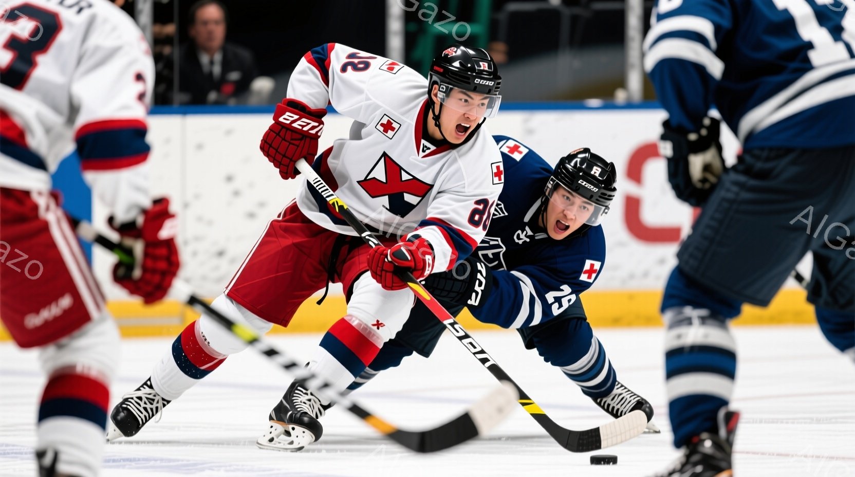 アイスホッケーの試合中の様子を捉えたもので、2人の選手が激しく競り合っている様子が描かれています。片方の選手は赤と白のユニフォーム、もう片方の選手は青いユニフォームを着用し、それぞれ顔には集中と興奮が - AI生成フリー素材