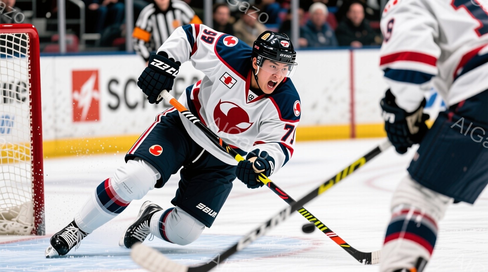 アイスホッケーの選手が試合中にパックを追いかけている様子が写っています。赤いヘルメットとジャージ、黒いズボン、そしてスケートを履いており、集中した表情で体を低く構え、右手にホッケーのスティックを持っています。背景には他の選手や観客席が見え、アイスホッケーの試合が行われている屋内競技場であることがわかります。