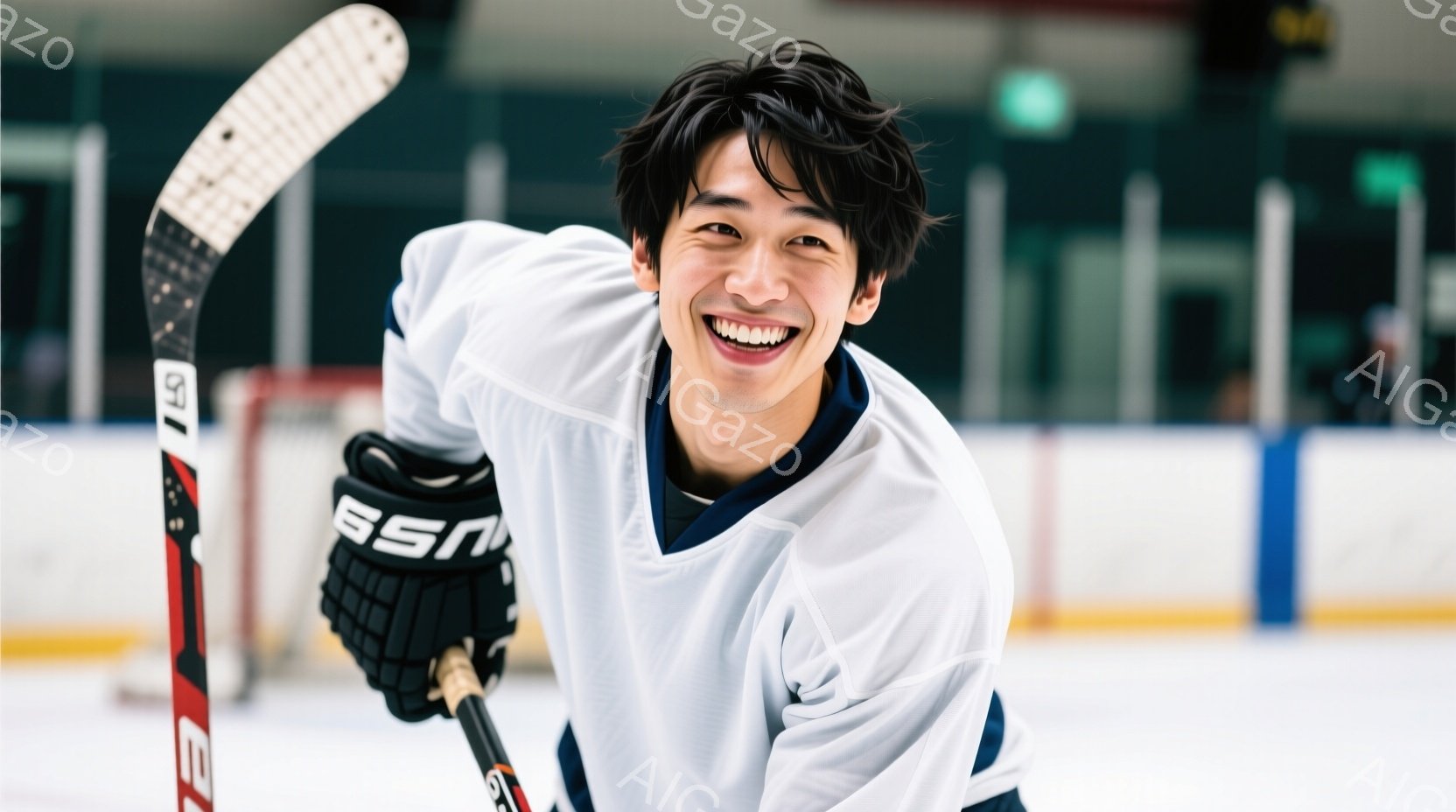 アイスホッケー選手と思しき若い男性が写っています。彼は白いジャージに黒いグローブを着用し、ホッケーのスティックを握って満面の笑みを浮かべています。背景はアイスホッケーリンクで、観客席やリンクの壁が見え、明るく活気のある雰囲気です。