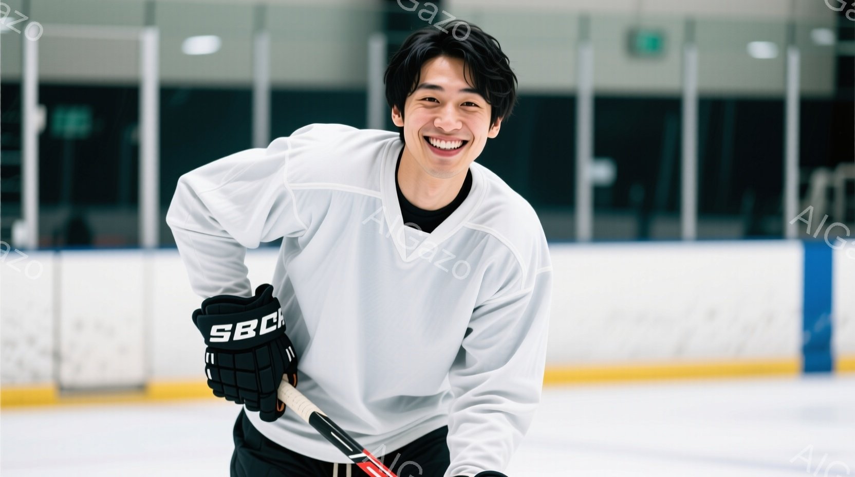 アイスホッケーリンクにいる若い男性が写っている。白の長袖シャツに黒いズボン、黒い手袋とスティックを身につけ、明るい笑顔を浮かべている。背景はリンクの壁と観客席で、全体的に活気があり、スポーティーな雰囲 - AI生成フリー素材