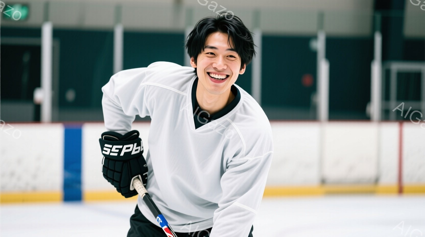 アイスホッケーリンクに立つ若い男性が写っている。白いホッケーシャツと黒いグローブ、黒いヘアスタイルで、満面の笑みを浮かべている。リンクの氷と壁、そしてホッケーのスティックが写っており、明るくエネルギッ - AI生成フリー素材