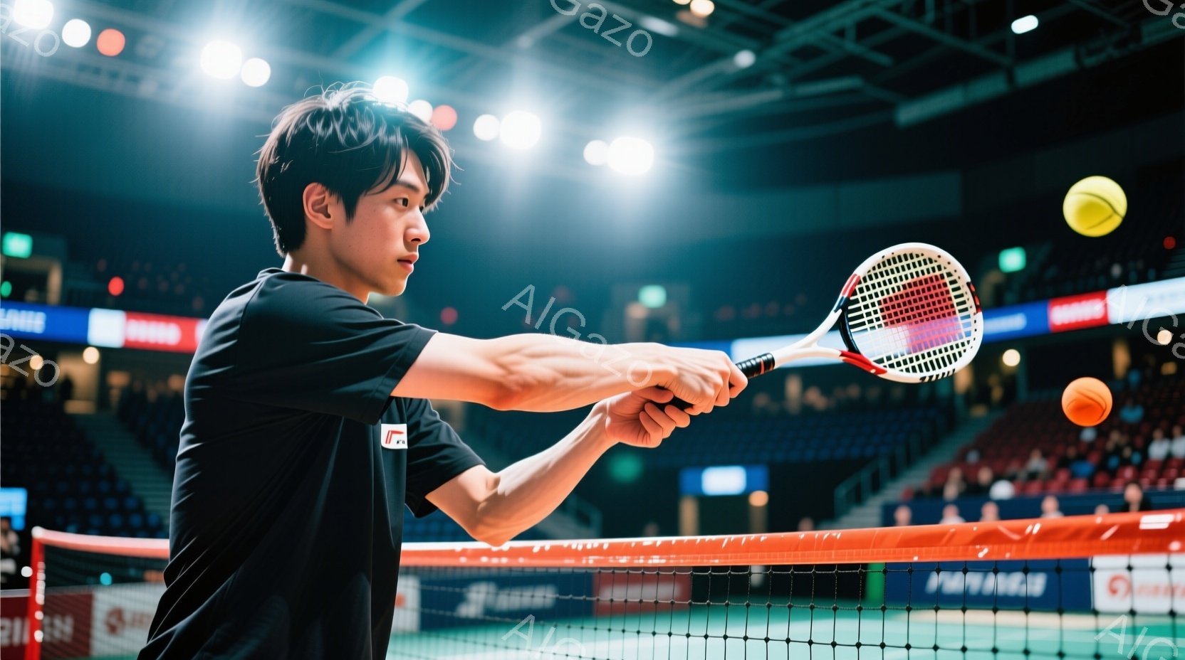 男性のテニス選手は黒いTシャツと短パン姿で、フォアハンドストロークの準備をしている。彼の髪は短く、集中した表情で、テニスボールを打とうとしている姿勢は力強く、競技への真剣さを表している。背景は観客席が並ぶ屋内テニスコートで、競技場の照明が選手の動きを照らし出している。