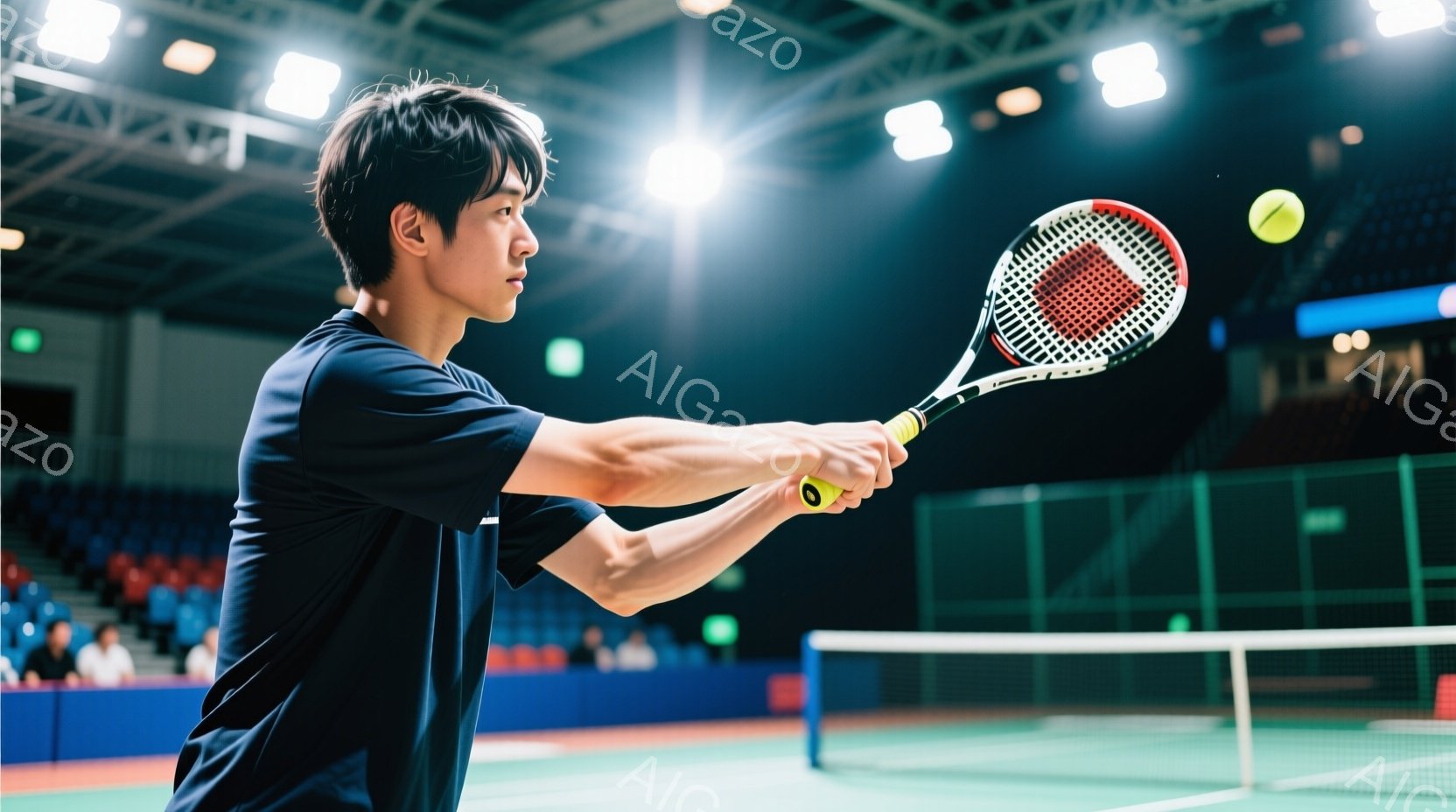 テニスをする若い男性が写っている。黒いTシャツを着ており、短く整えられた髪型をしている。彼はフォアハンドショットを打とうとしており、ラケットを大きく振りかぶる姿勢で、コートのネットに向かっている。