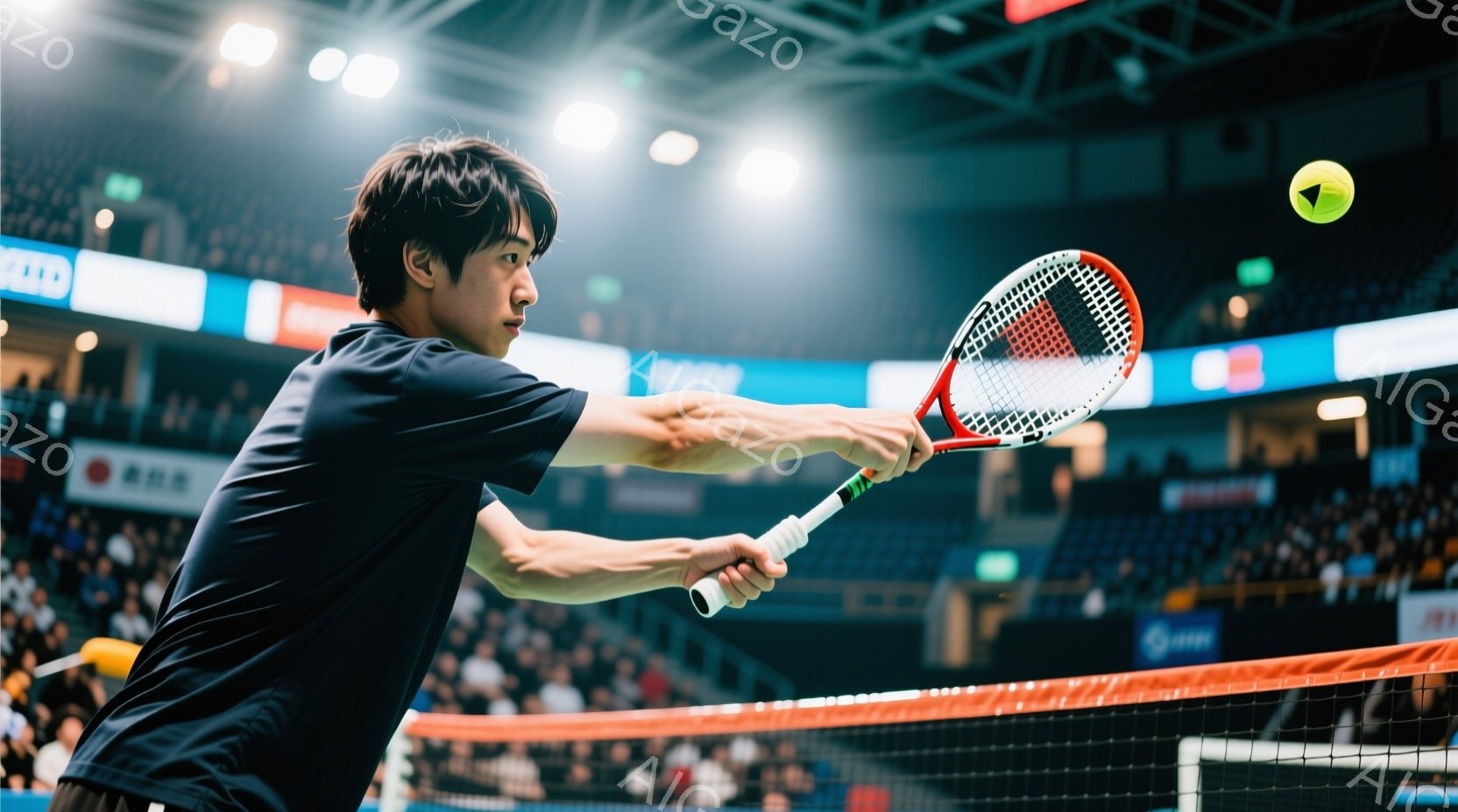 男子は黒いTシャツを着て、短い黒髪で、テニスラケットを力強く振りかぶっている。彼はコートでテニスボールを打ち返し、集中した表情でプレーに臨んでいる。背景には観客席があり、多くの観客が彼を見守っている室内競技場であることがわかる。