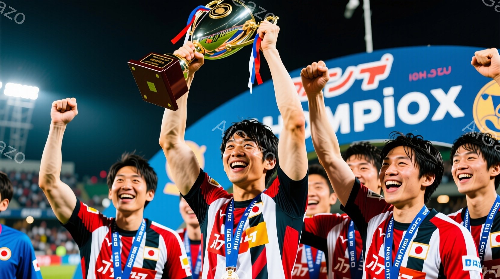 多くのサッカー選手が喜びの表情で、高く掲げられたトロフィーを取り囲んでいます。彼らは赤と白のストライプのユニフォームと、日本の国旗が描かれたサポーター用の帯を身に着けており、髪型は様々ですが、興奮した表情が際立っています。背景には夜のスタジアムの照明と観客席が見え、勝利の瞬間を祝う熱狂的な雰囲気が伝わってきます。