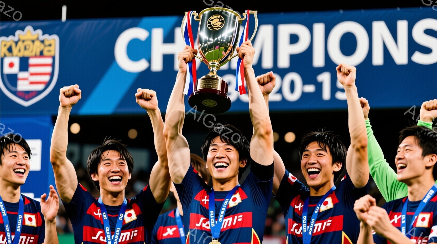 複数のサッカー選手が、トロフィーを高々と掲げ、歓喜に満ちた表情をしています。彼らは赤いユニフォームと金色のメダルを身につけ、髪型は短髪で、顔には興奮と達成感が表れています。背景には「CHAMPIONS - AI生成フリー素材