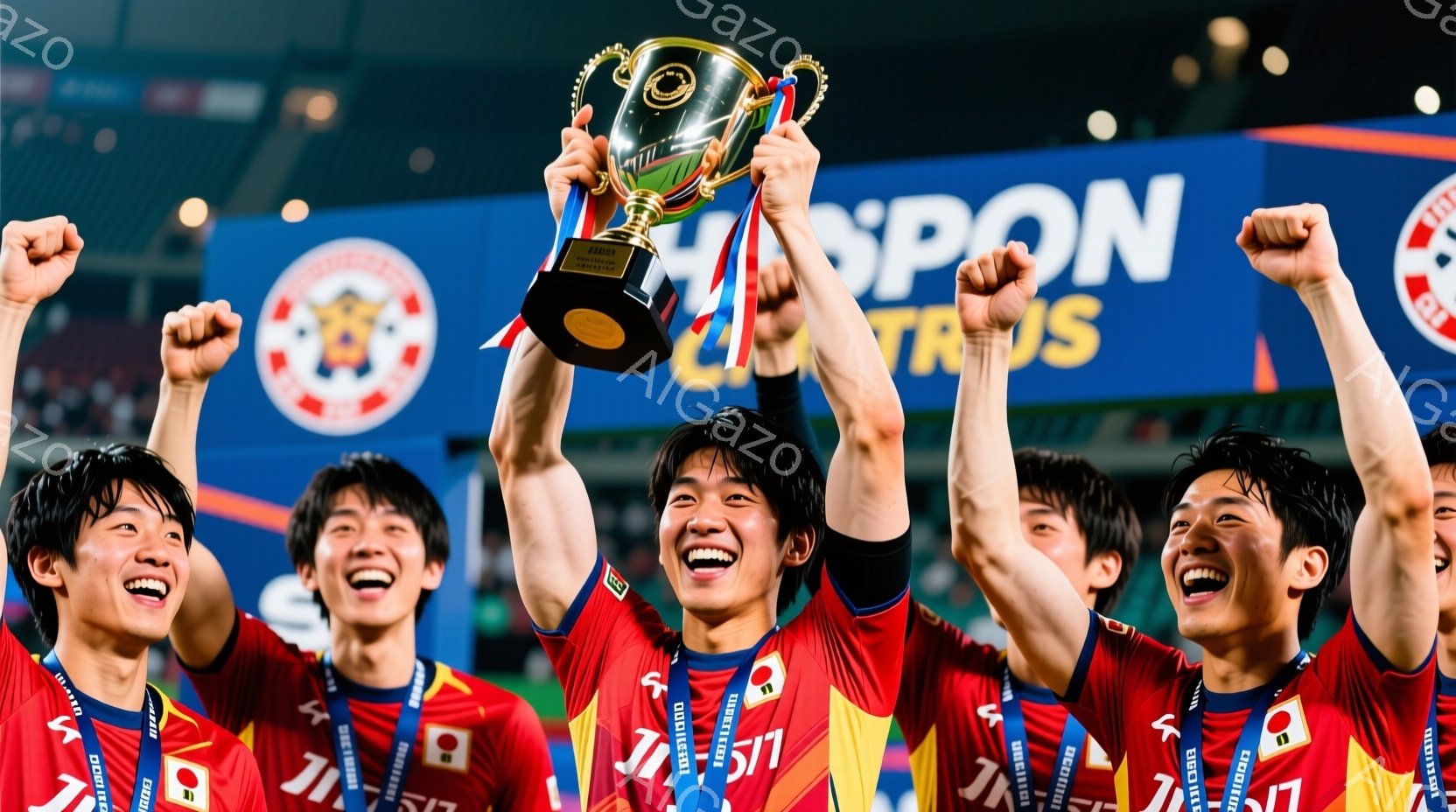 選手たちは赤いユニフォームと金色のメダルを身につけ、歓喜の表情でトロフィーを高々と掲げています。黒髪で短髪の選手が多く、顔には笑顔が溢れ、勝利の喜びを表現しています。背景には大きな看板が光り、スタジア - AI生成フリー素材