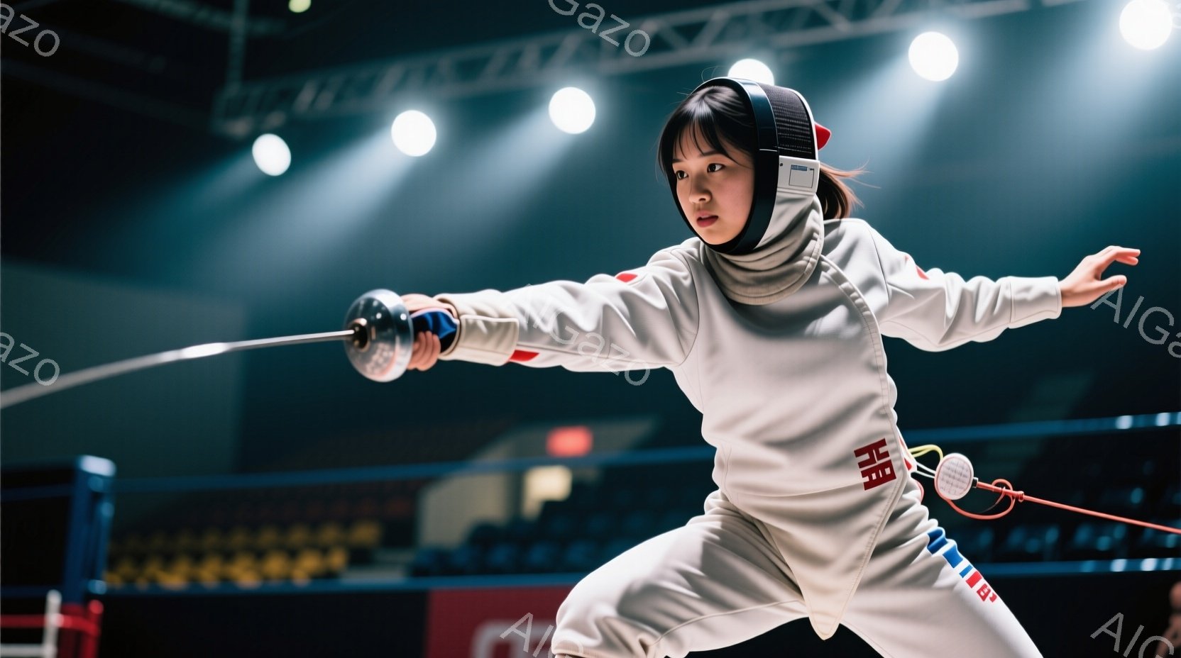 白いフェンシングスーツに身を包んだ女性アスリートが、フェンシングの構えで剣を構えています。彼女は集中した表情で前を見つめ、膝を曲げて低い姿勢を保っています。背景にはぼやけた観客席と照明が確認でき、競技 - AI生成フリー素材
