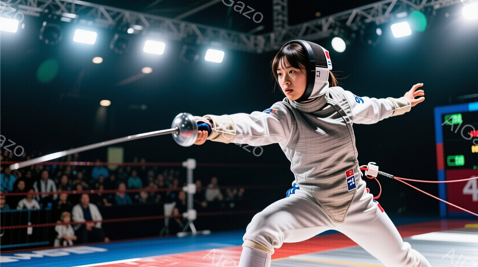 フェンシングの競技者が試合中に捉えられています。彼女は白いフェンシングスーツと防具を着用し、髪は頭部防具の下にまとめられています。集中した表情で、剣を構え、相手に攻撃を仕掛けようとする姿勢をとっています。