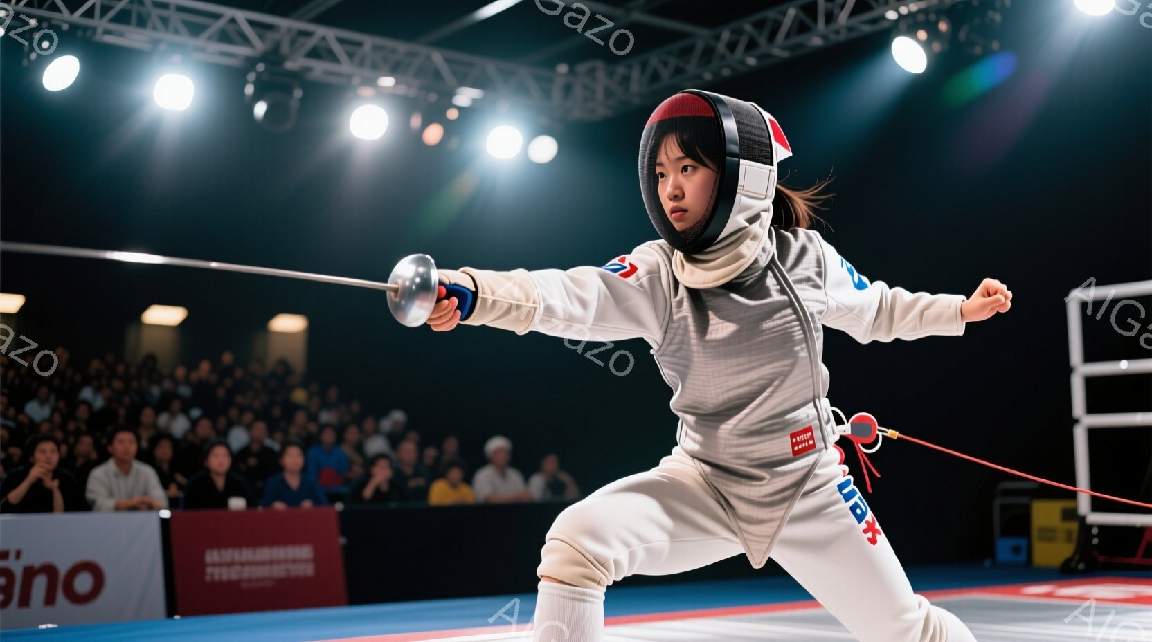 画像はフェンシングの競技中の女性選手を捉えています。彼女は白いフェンシングスーツとヘルメットを着用し、決意に満ちた表情で剣を構え、片足を前に出して臨戦態勢をとっています。背景には観客席が見え、競技場の照明が彼女を照らし出し、緊張感と集中感が漂う様子が伝わってきます。