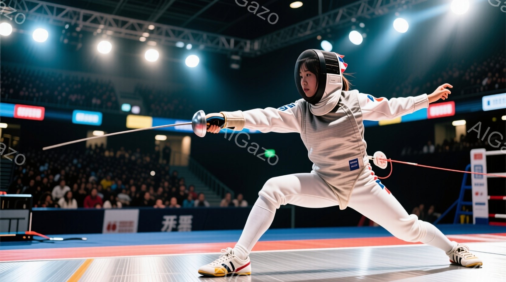 フェンシングの選手が競技に集中してポーズをとっています。白と紺のフェンシングスーツに身を包み、ヘルメットを被り、動きやすいスニーカーを履いています。背景には観客席があり、多くの人々が試合を見守っています。