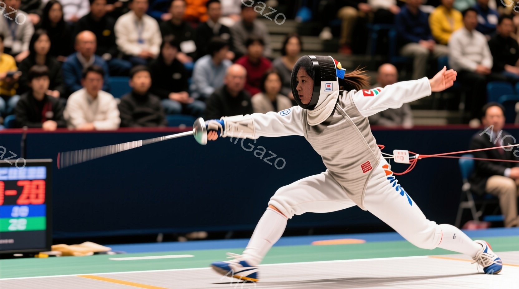 フェンシングの競技者が試合中に攻撃態勢をとっている写真です。白のフェンシングスーツとヘルメットを着用し、右手で剣を伸ばして相手に突き出しています。背景には観客席が見え、試合の緊迫感と競技場の熱気が伝わってきます。