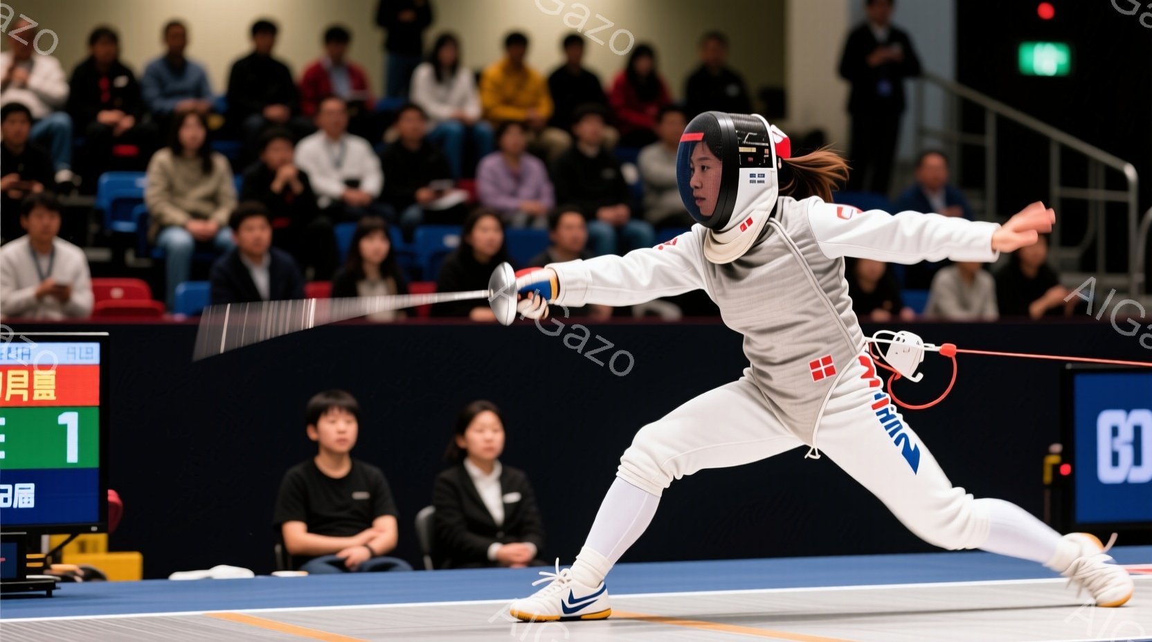 画像はフェンシングの試合中の女性アスリートを捉えている。彼女は白のフェンシングスーツとヘルメットを着用し、右手に剣を持って攻撃の姿勢をとっている。背景には観客席が見え、試合会場の照明が明るく照らし出されている。