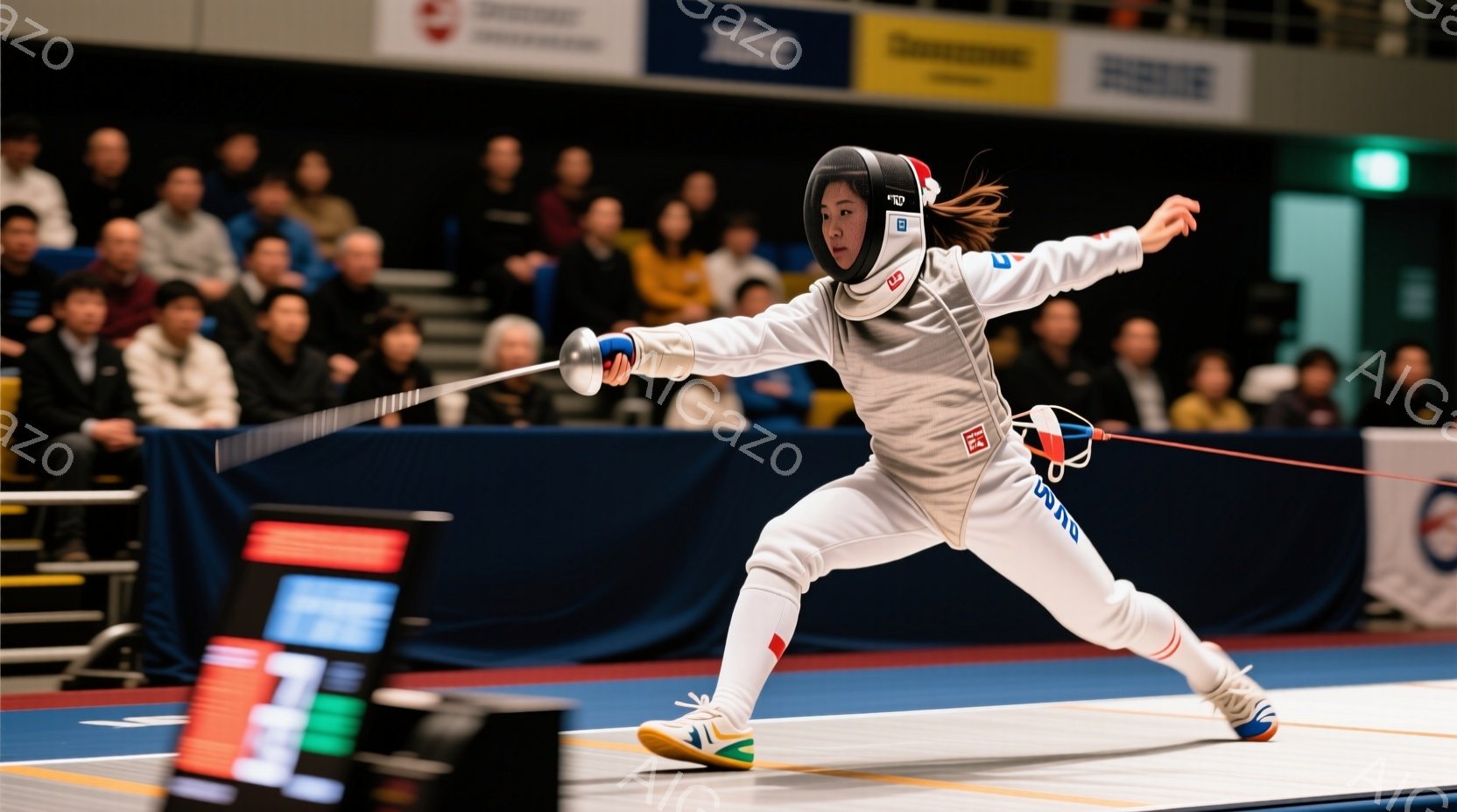 競技者はフェンシングの試合中に、鋭い動きで相手に攻撃を仕掛けている。白と赤のユニフォームを着用し、髪はポニーテールにまとめられている。背景には観客席が見え、試合の緊張感が伝わる活気ある雰囲気である。