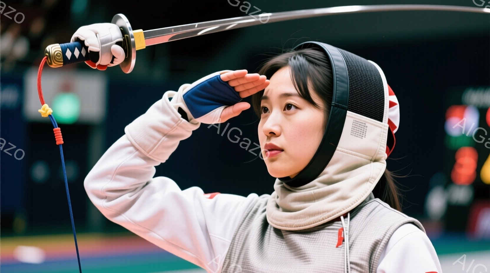 白いフェンシングスーツに身を包んだ女性が写っている。彼女はフェンシングマスクを着用し、片手で剣を高く掲げ、もう片手で目を覆っている。背景は暗く、ぼやけており、競技会場の照明がわずかに見える。 - AI生成フリー素材