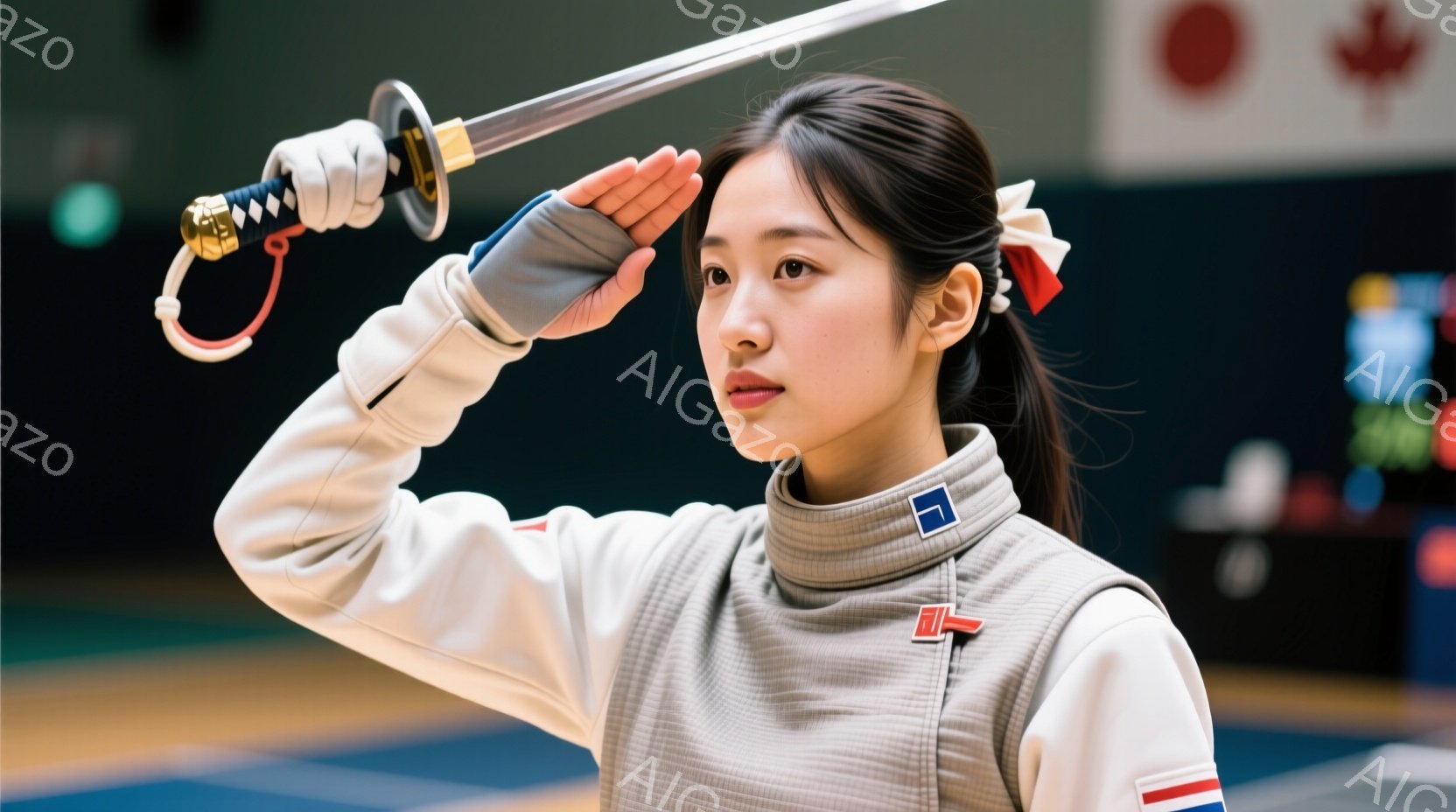 競技者は白いフェンシングユニフォームと黒いヘアバンドを着用し、真剣な表情で構えています。彼女は片手に刀を持ち、もう片手を高く上げて防御姿勢を取っています。背景にはフェンシングコートと国旗が見え、競技場の集中した雰囲気が伝わってきます。