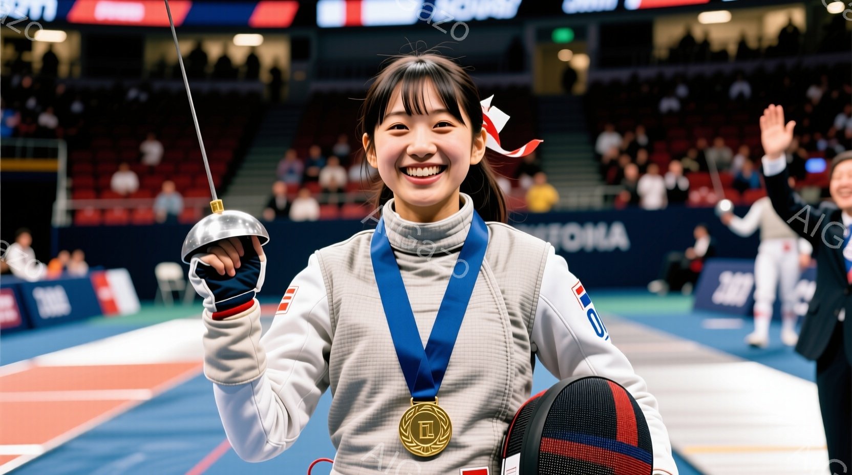 フェンシングのユニフォームを着た若い女性アスリートが写っています。彼女は金色のメダルを首にかけ、満面の笑みを浮かべて右手を上げています。背景には、観客席とフェンシングコートが見え、勝利の喜びと興奮に満ちた雰囲気が伝わってきます。