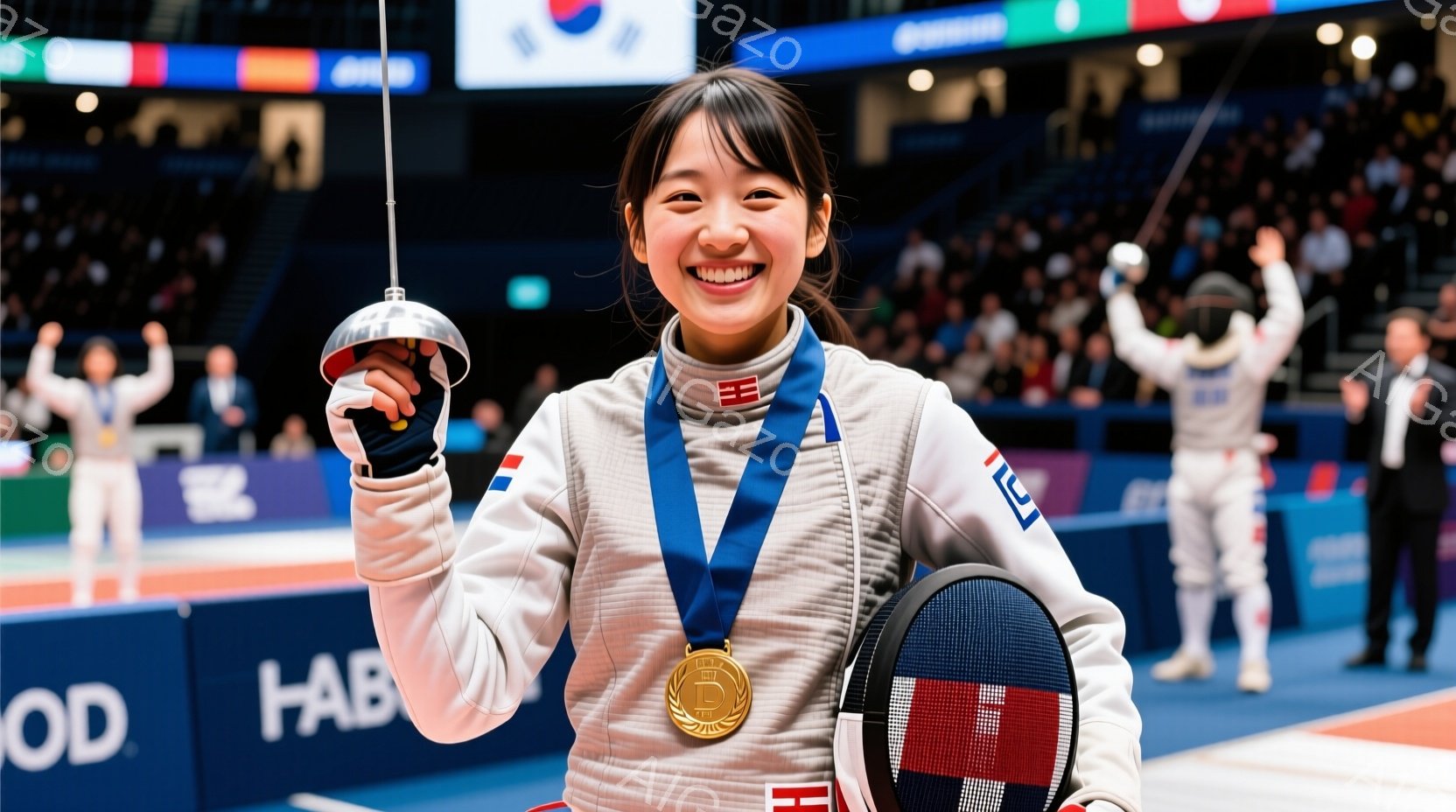 フェンシングのユニフォームを着て、金メダルを首にかけて笑顔を見せる女性アスリートが写っています。彼女は右手にフェンシングの剣を持ち、観客席が見える体育館の床に立っています。背景には他のフェンサーが勝利を祝っている様子がぼやけて写っており、全体的に勝利と喜びの雰囲気が漂っています。