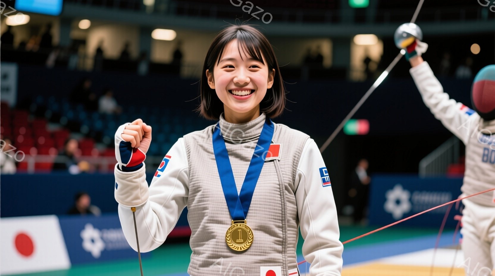 フェンシングの競技場で金メダルを首から下げ、満面の笑みを浮かべる女性アスリートが写っています。彼女は白いフェンシングスーツに青いラインが入っており、黒髪を肩まで伸ばしたヘアスタイルで、片手を高く上げて - AI生成フリー素材