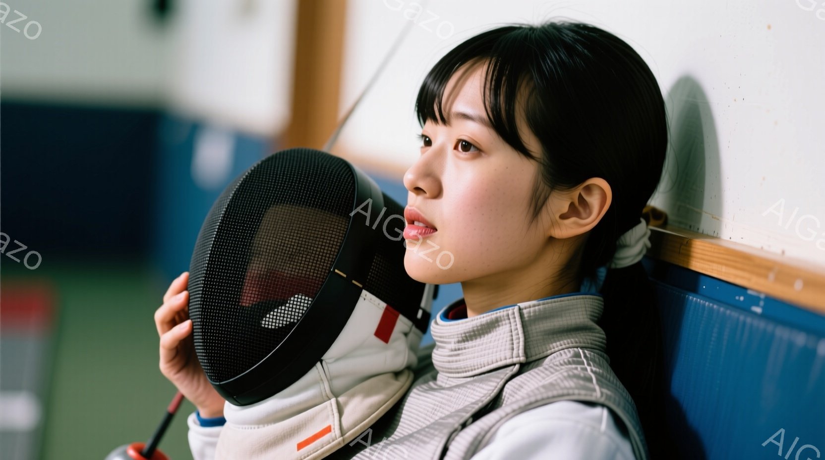 フェンシングの装備を身に着けた若い女性が写っている。彼女は白いフェンシングジャケットと黒いマスクを着用し、髪は後ろでまとめられている。背景は、青い壁と木製の構造物がある体育館のような場所で、集中した表 - AI生成フリー素材