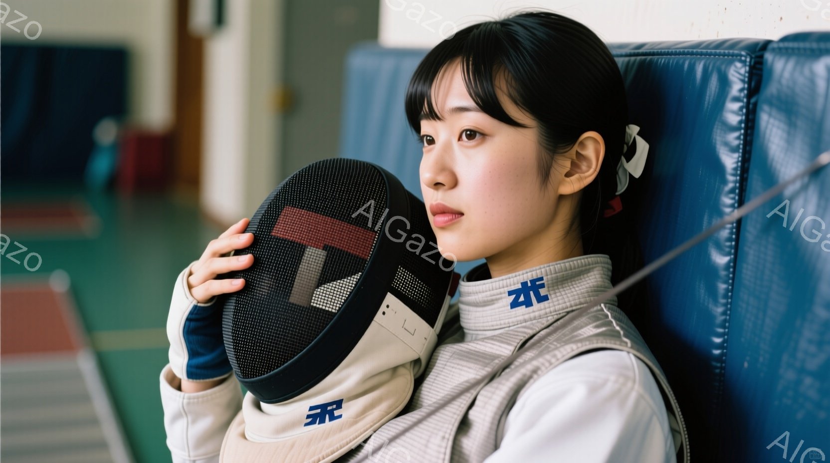 フェンシングのウェアを着用した若い女性が写っています。彼女はヘルメットを左手に抱え、やや横を向いて少し憂いのある表情をしています。背景は体育館のような場所で、青いパッド入りの壁とフェンシングの器具の一 - AI生成フリー素材