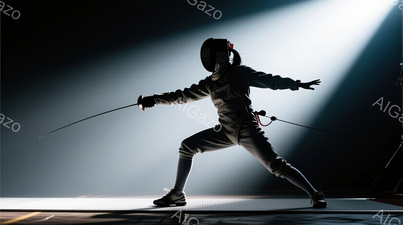 フェンサーが、競技用の白いスーツとヘルメットを着用し、剣を構えたダイナミックなポーズをとっている。背景は暗く、スポットライトがフェンサーを照らし出し、競技場の床がわずかに見える。全体的に、集中力と緊張 - AI生成フリー素材