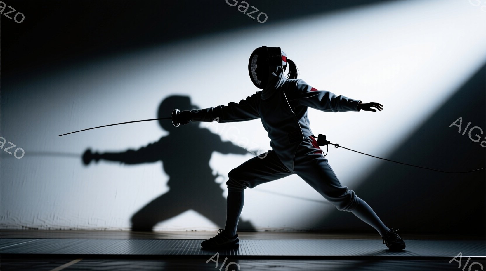 フェンシング選手が、白いフェンシングスーツとヘルメットを着用し、剣を構えて攻撃態勢に入っている。背景には、選手の影が壁に大きく映し出され、照明によってドラマチックな雰囲気が演出されている。床は暗いグレ - AI生成フリー素材