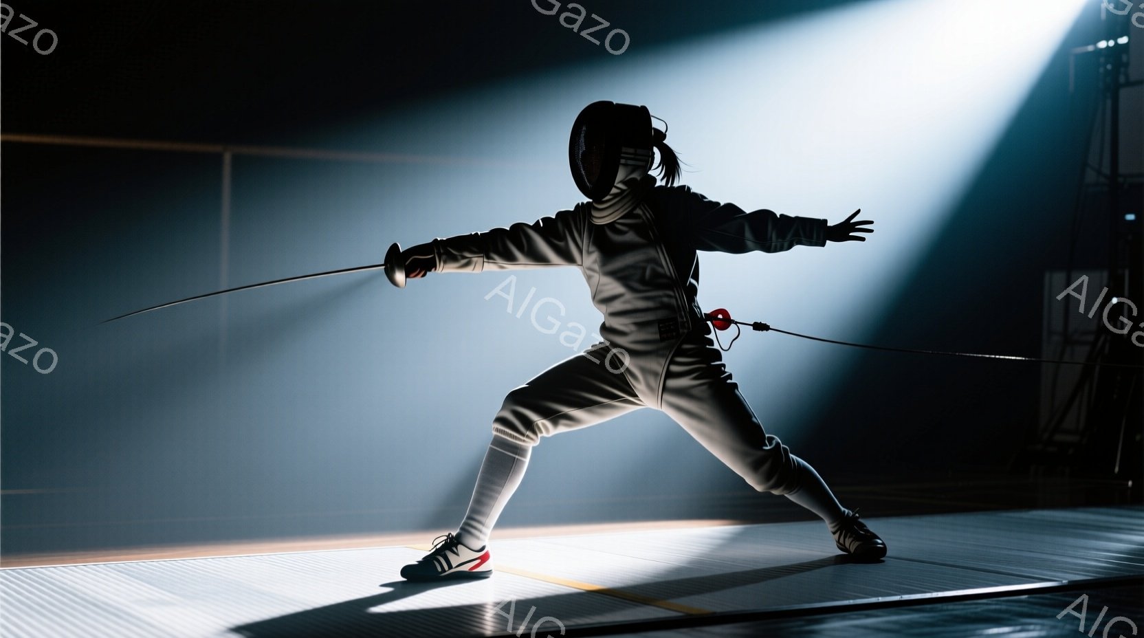 フェンシングの選手が競技場でポーズをとっています。白いフェンシングスーツ、ヘルメット、手袋を着用し、片手に剣を持っています。競技場は明るい光で照らされており、背景は暗く、集中と緊張感のある雰囲気を醸し出しています。