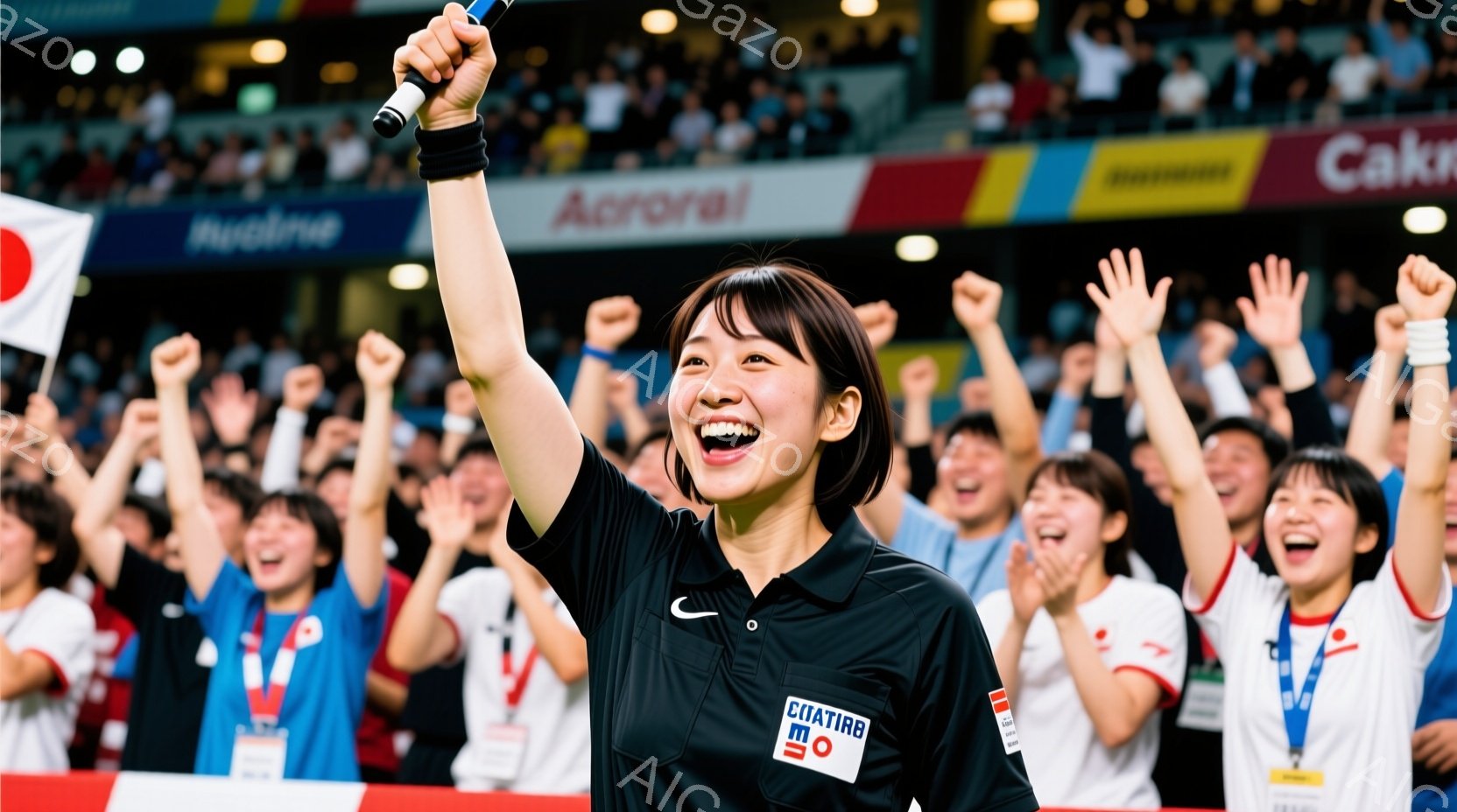 黒い審判服を着て、口角を上げて笑顔を見せる女性が写っています。彼女は片手を高く上げ、興奮した様子で、背景には多くの観客が白いシャツを着て両手を挙げて喜びを表現しています。背景には観客席があり、全体的に熱狂的で祝賀的な雰囲気が漂っています。