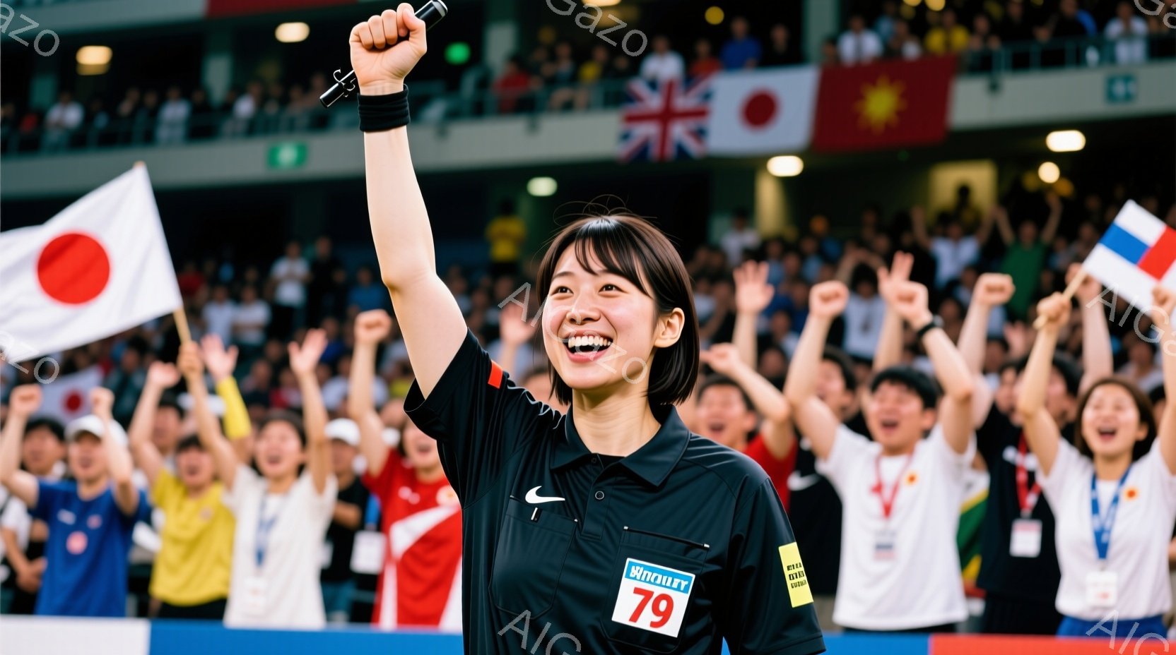 観客席でマイクを持つ女性レフェリーが写っており、彼女は黒いシャツに「79」と書かれた白いバッジを付けています。彼女は笑顔で片手を高く上げ、興奮と喜びを表しています。背景には、日本の国旗やその他の旗を振る大勢の観客が写り、活気に満ちたお祝いの雰囲気です。