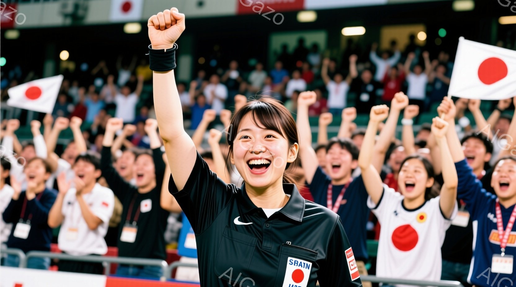 観客席を背景に、審判員と思われる女性が両手を高く上げて歓喜している様子が写っている。黒いシャツに白い襟と袖があり、胸には「SRAIN」と書かれたバッジ、腕には赤いリストバンドをつけている。背景には日本の国旗を持つ観客が多数おり、興奮と熱狂的な雰囲気が伝わってくる。