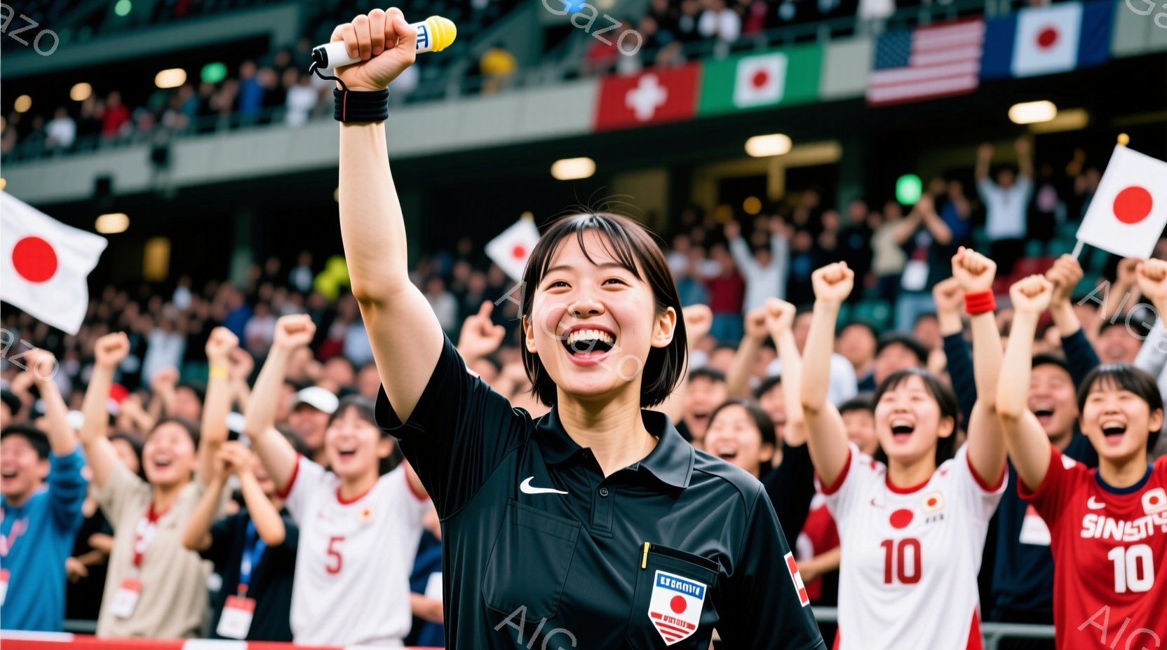 観客席でマイクを高く掲げ、満面の笑みを浮かべる女性が写っています。彼女は黒いシャツに白いエポレットを付けており、ボブヘアで、エネルギッシュな表情をしています。背景には日本の国旗や他の国の国旗が並び、観 - AI生成フリー素材