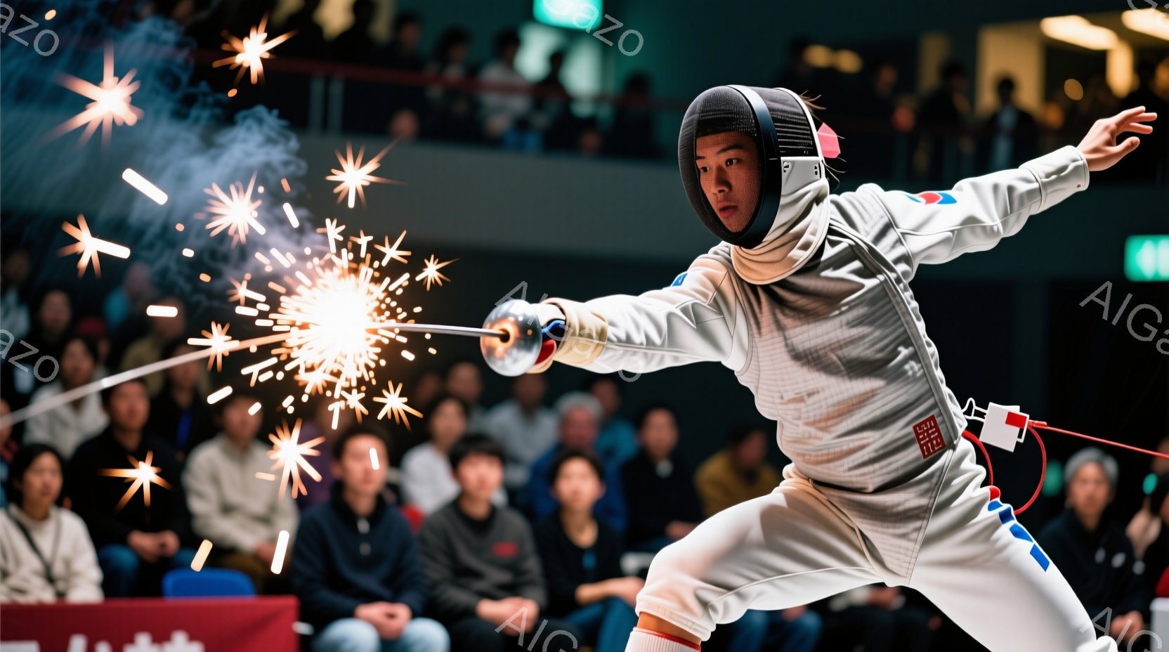 フェンシングの試合中の選手が写っている。白のフェンシングスーツを着用し、顔にはプロテクターをつけている。選手は攻撃姿勢で、剣を前に突き出し、右足を前に出して力強く踏み出している。